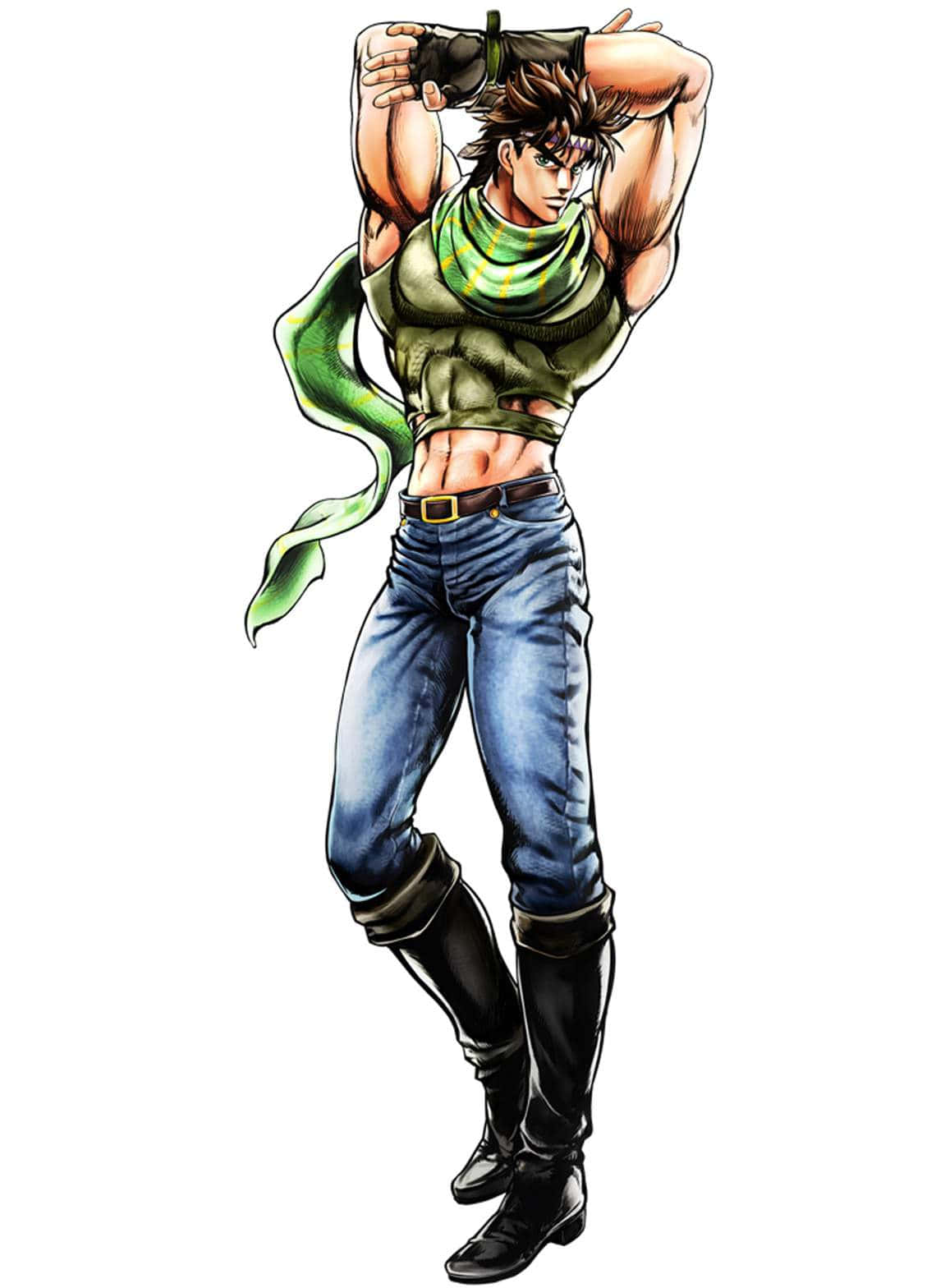 Jojo Pose 桌布 壁紙 — 一個肌肉發達的動漫男子，身穿綠色背心和藍色牛仔褲，在白色背景前高舉雙臂，擺出充滿動感的姿勢。