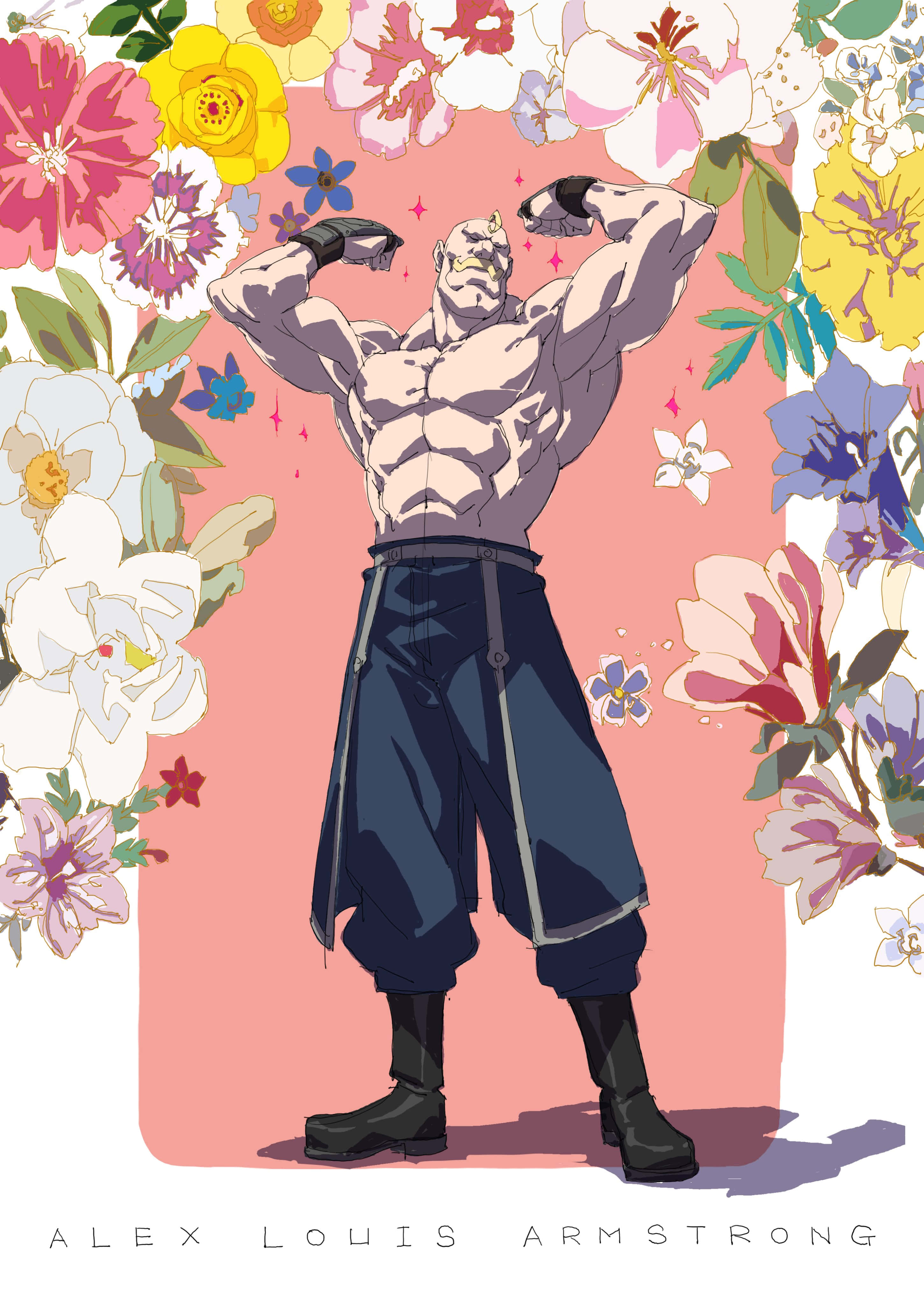 alex louis armstrong 桌布 壁紙 — 一個肌肉發達的動漫男子在柔和的粉紅色背景上，於鮮豔的花卉邊框中自豪地展示肌肉。