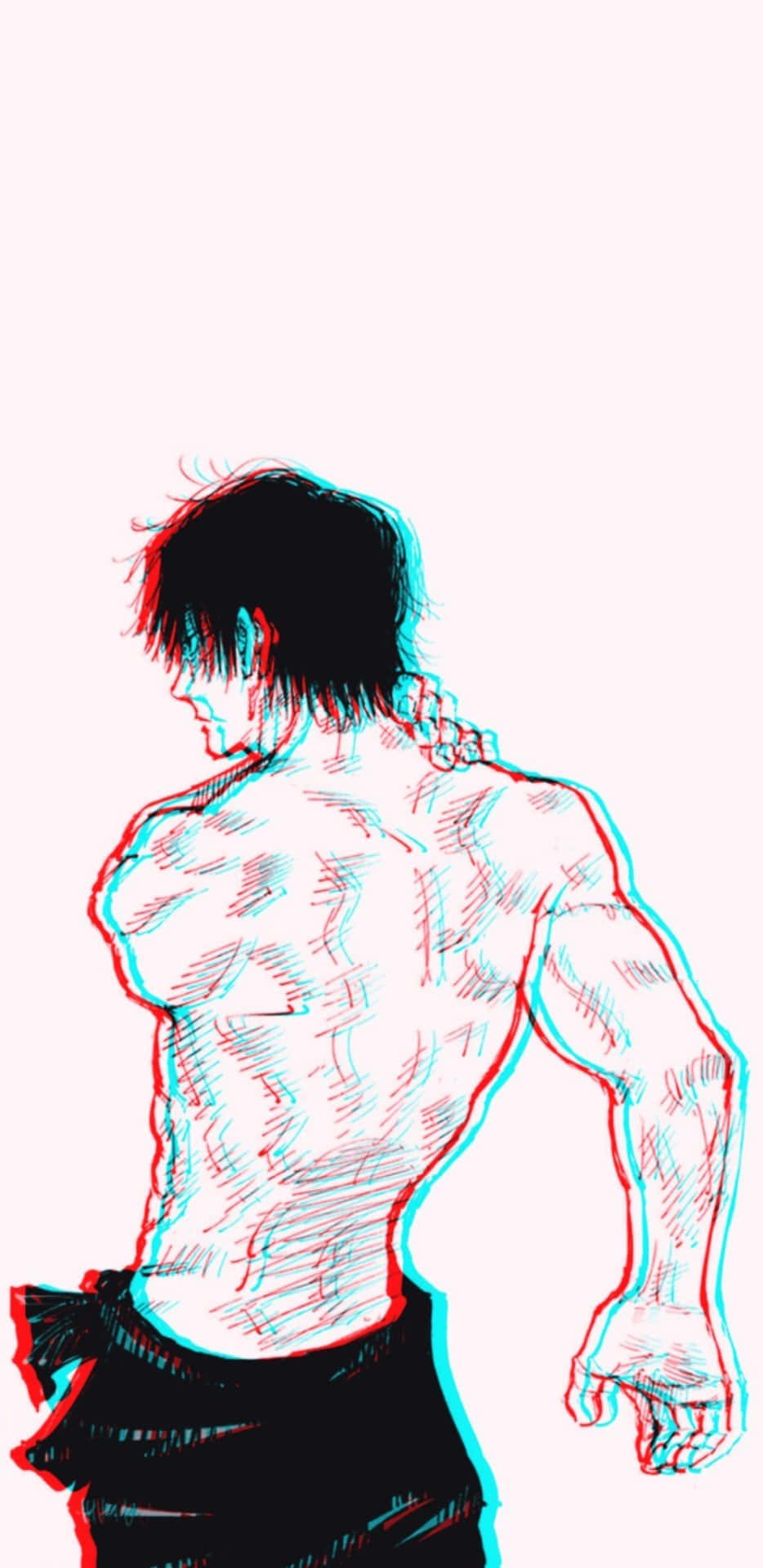 Toji Fushiguro 桌布 壁紙 — 一個肌肉發達的動漫男性角色，從背後觀看，帶有紅青立體3D效果，背景為純色。