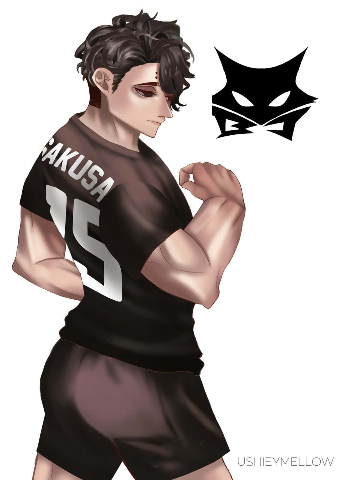 Kiyoomi Sakusa 桌布 壁紙 — 一個肌肉發達的動漫男性運動員穿著黑色 'AKUSA 15' 球衣，在風格化的黑貓標誌旁邊彎曲他的二頭肌。