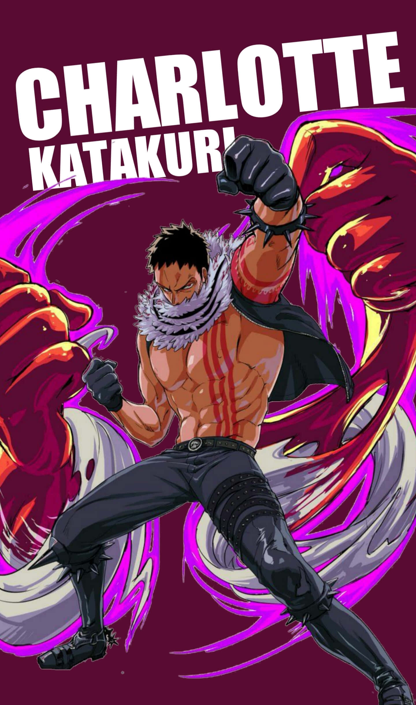 Charlotte Katakuri 桌布 壁紙 — 一個肌肉發達的動漫角色，戴著圍巾和黑色裝備，在旋轉的紫色和紅色背景下擺出強有力的姿勢。