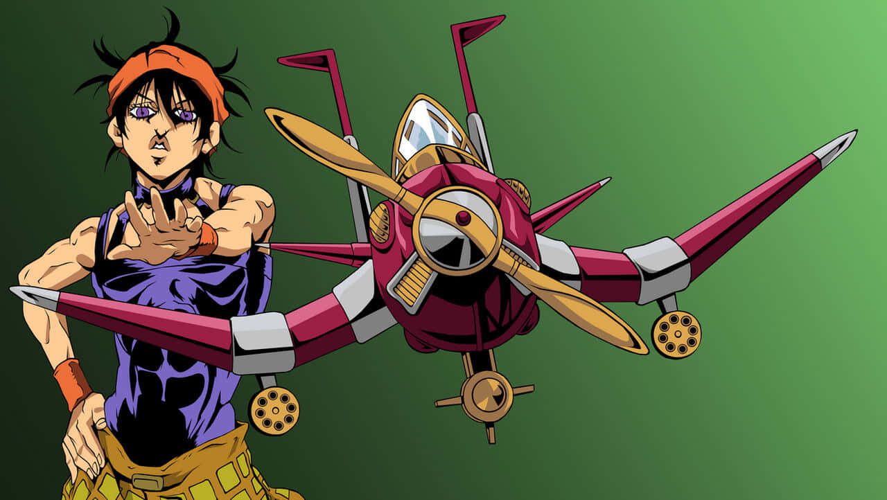 Narancia Ghirga 桌布 壁紙 — 一個肌肉發達的動漫角色，戴著橙色頭帶，自信地站在一架風格化的洋紅色和金色飛機旁邊，背景是純綠色。