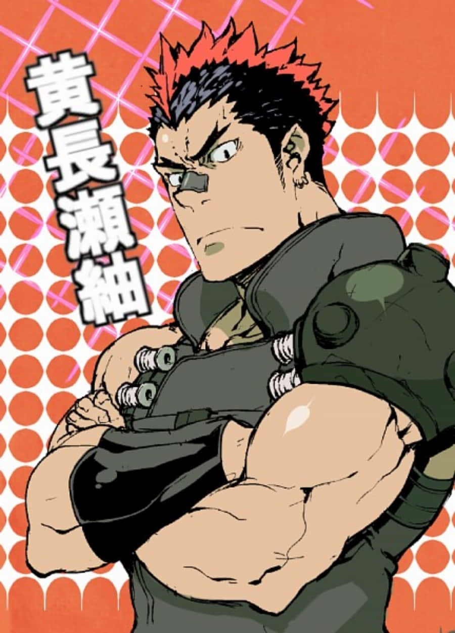 Tsumugu Kinagase 桌布 壁紙 — 一個肌肉發達的動漫角色，擁有尖刺的紅黑頭髮和機械手臂，自信地站在大膽的橙色和粉紅色波點背景前。