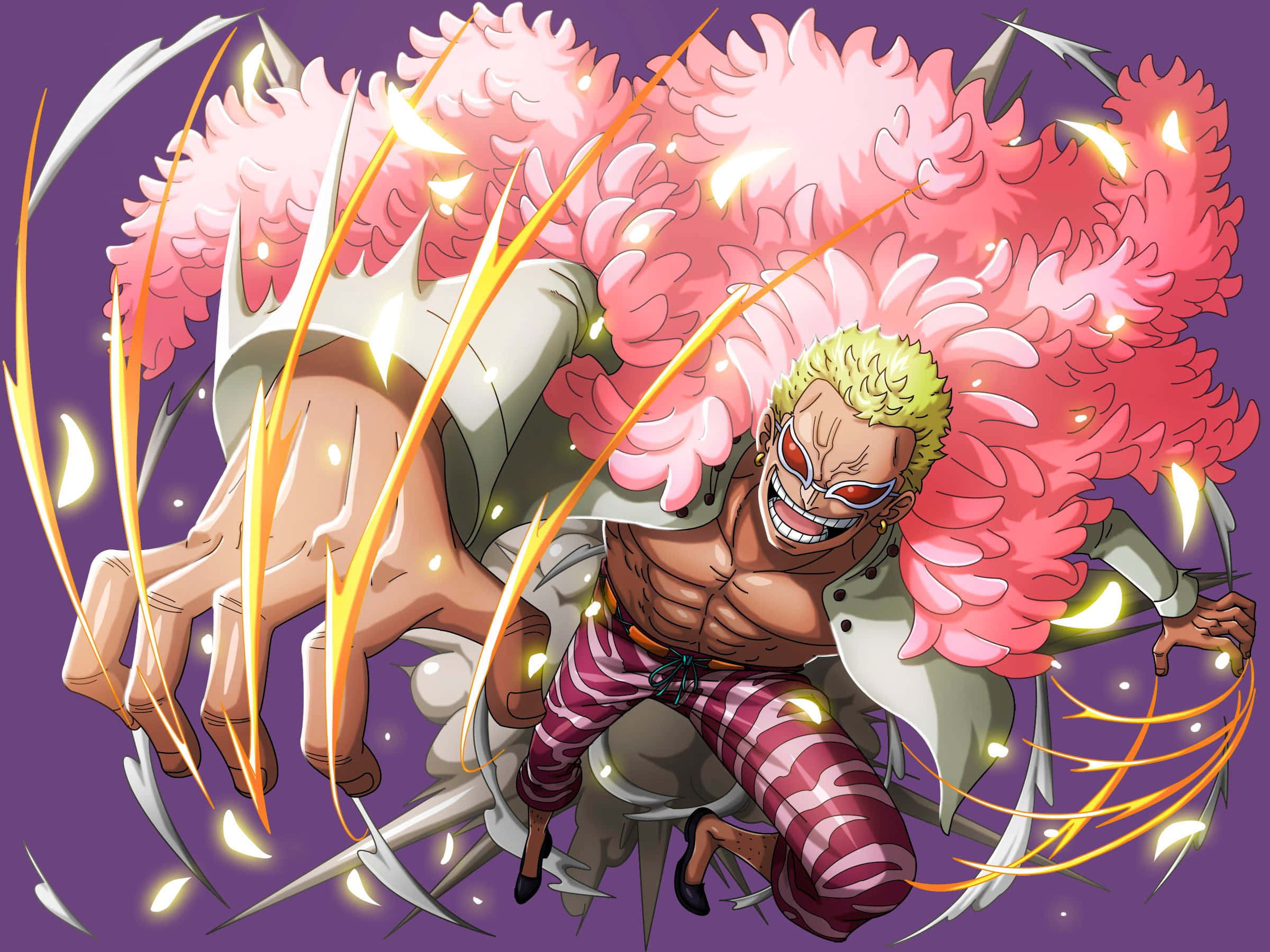 Donquixote Doflamingo 桌布 壁紙 — 一個肌肉發達的動漫角色，擁有尖刺金髮和紅色護目鏡，在紫色背景上釋放出帶有發光黃色能量斬擊的巨大粉紅色羽毛攻擊。