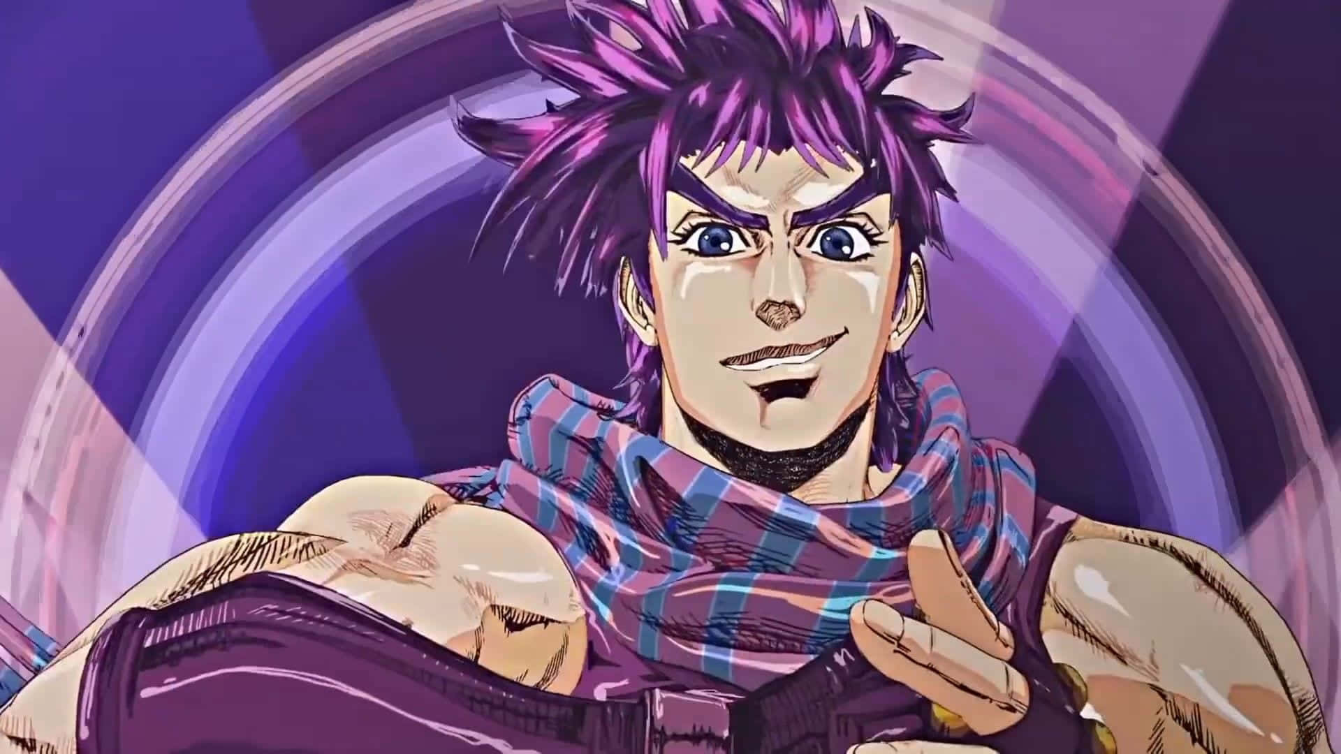 Battle Tendency 桌布 壁紙 — 一個肌肉發達的動漫角色，擁有尖刺的紫色頭髮和格子圍巾，在旋轉的紫色背景前自信地微笑。