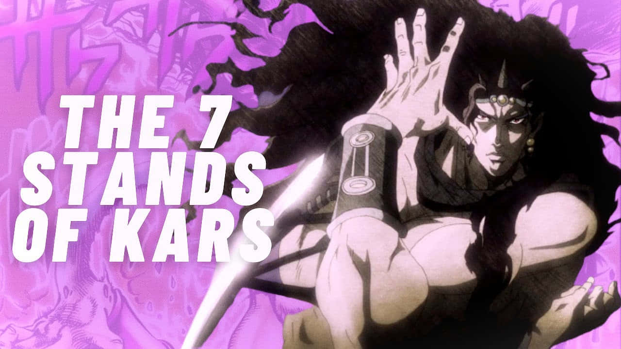 Jojo's Bizarre Adventure Kars 桌布 壁紙 — 一個肌肉發達的動漫角色，擁有狂野的黑髮和頭帶，在充滿活力的紫色背景上擺出動態姿勢，並帶有粗體文字。