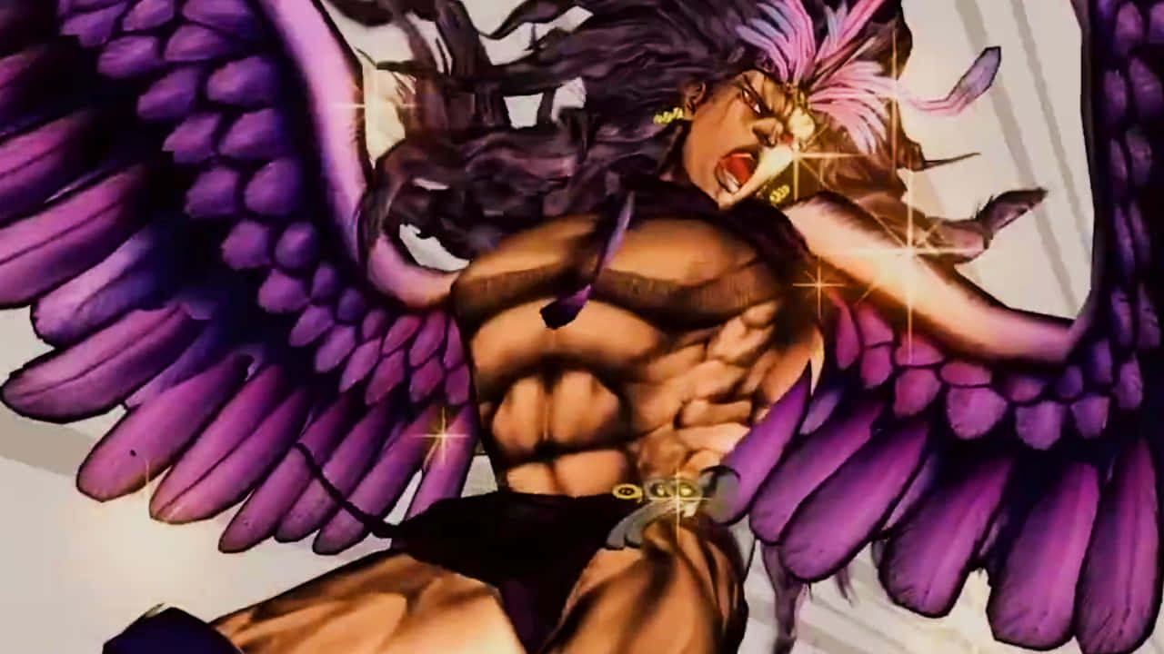Jojo's Bizarre Adventure Kars 桌布 壁紙 — 一個肌肉發達的動漫角色，擁有紫色翅膀和粉紅色頭髮，咆哮時帶有發光的金色點綴。