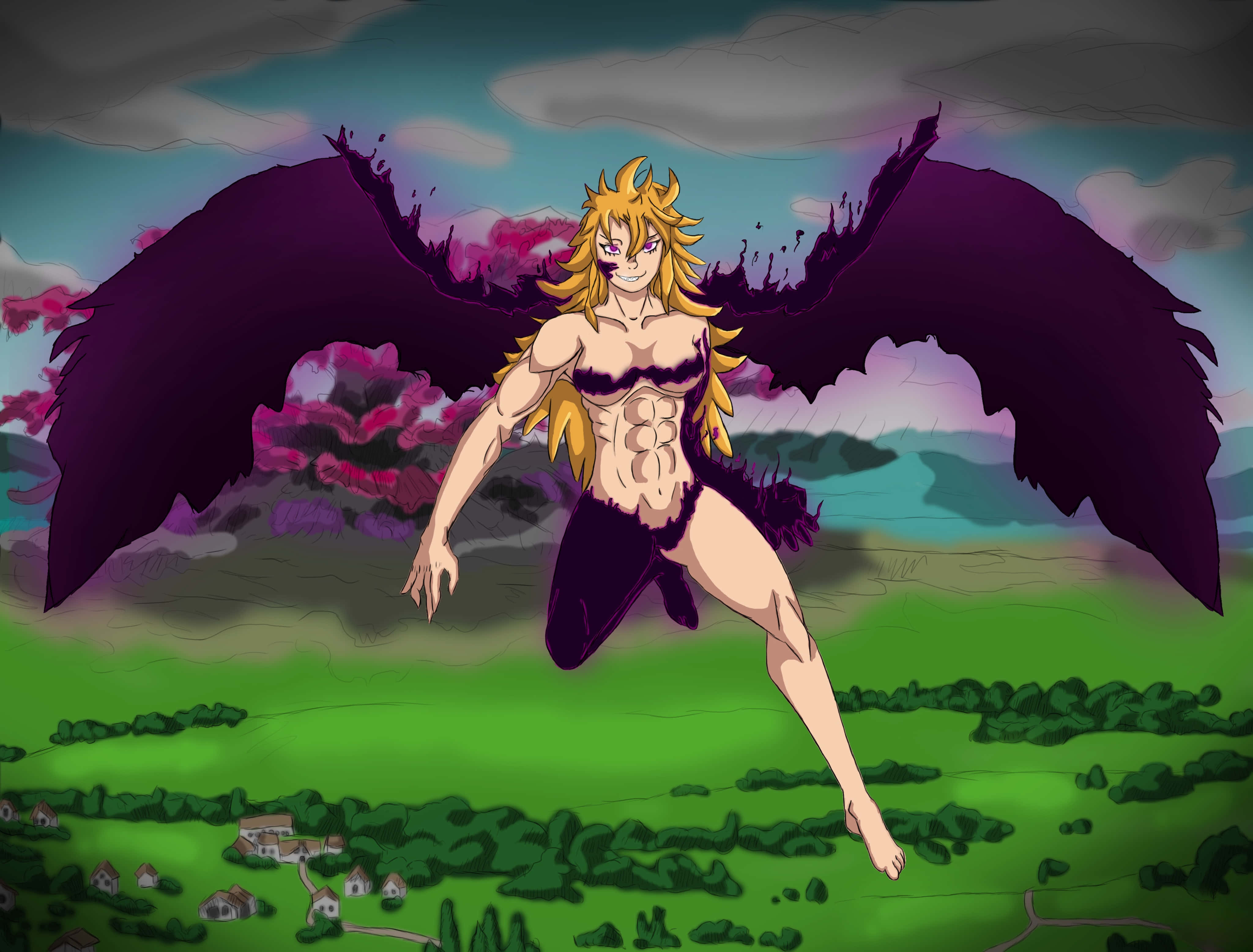 Seven Deadly Sins Derieri 桌布 壁紙 — 一個肌肉發達的動漫角色，擁有金色頭髮和巨大的紫色翅膀，在下方有村莊的綠色景觀上空翱翔。