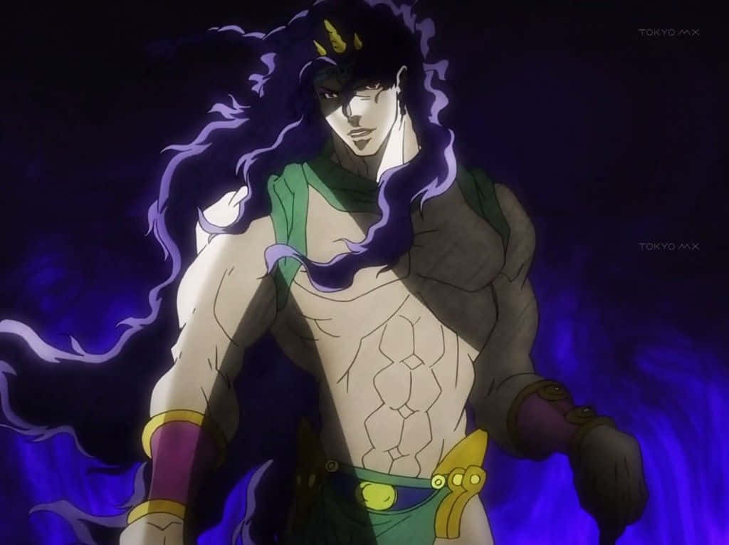 Jojo's Bizarre Adventure Kars 桌布 壁紙 — 一個肌肉發達的動漫角色，擁有長長的紫色頭髮和綠色服裝，站在深藍色漩渦背景前。