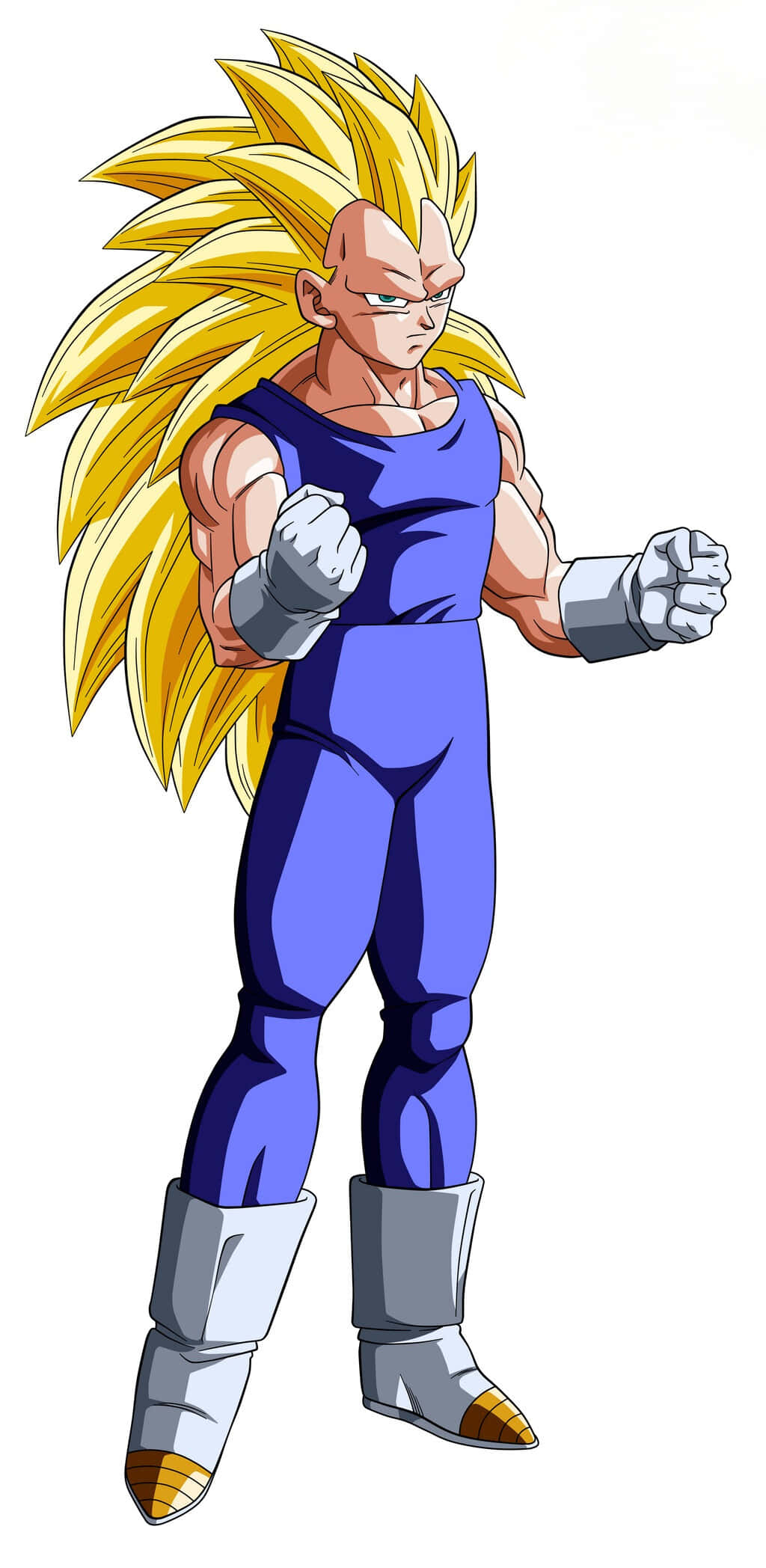 Vegeta Super Saiyan 3 桌布 壁紙 — 一個肌肉發達的動漫角色，有著尖刺金髮和藍色盔甲，在白色背景前擺出戰鬥姿勢。