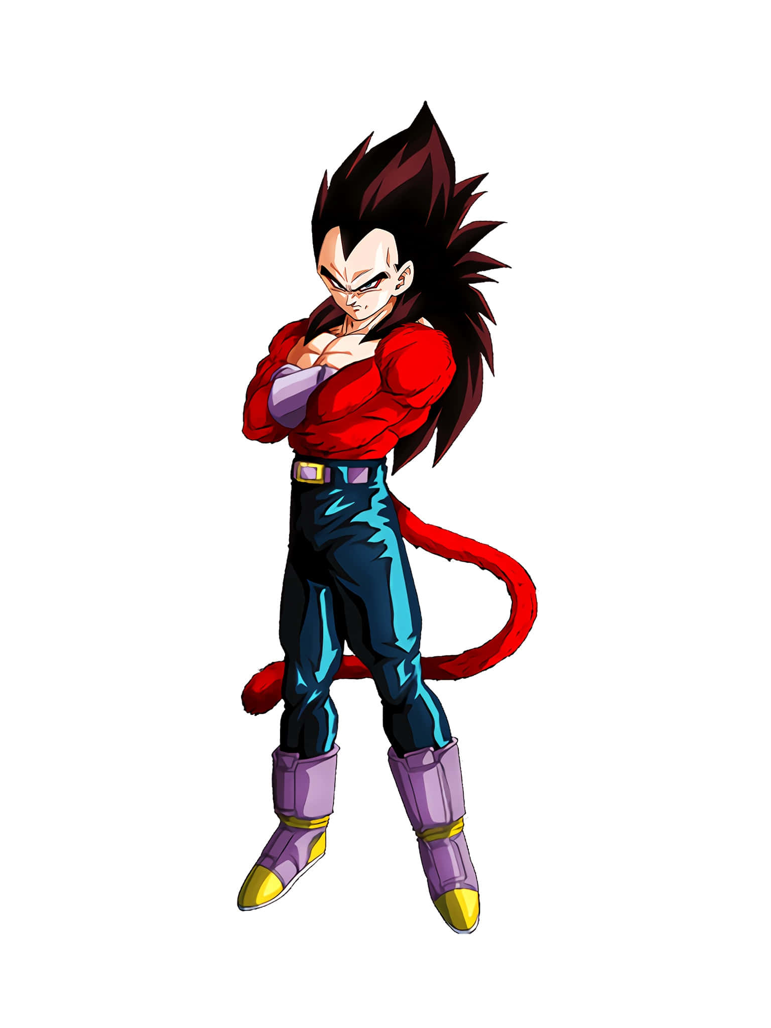Vegeta Super Saiyan 4 桌布 壁紙 — 一個肌肉發達的動漫角色，有著尖刺的黑色頭髮和紅色尾巴，雙臂交叉站立，姿勢兇猛，身穿紅色上衣、藍色褲子和紫色靴子。