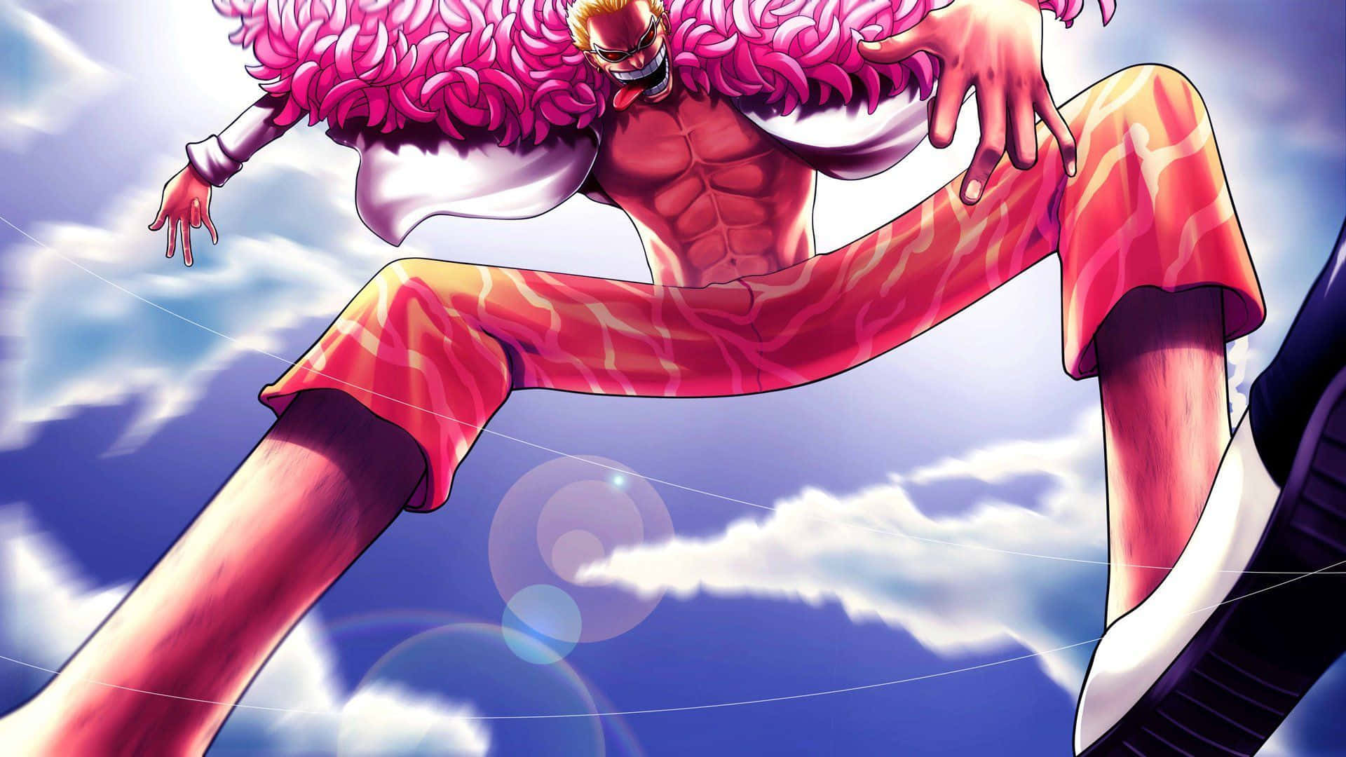 Donquixote Doflamingo 桌布 壁紙 — 一個肌肉發達的動漫角色，粉紅色頭髮和紅色褲子，在藍天白雲下動態跳躍。