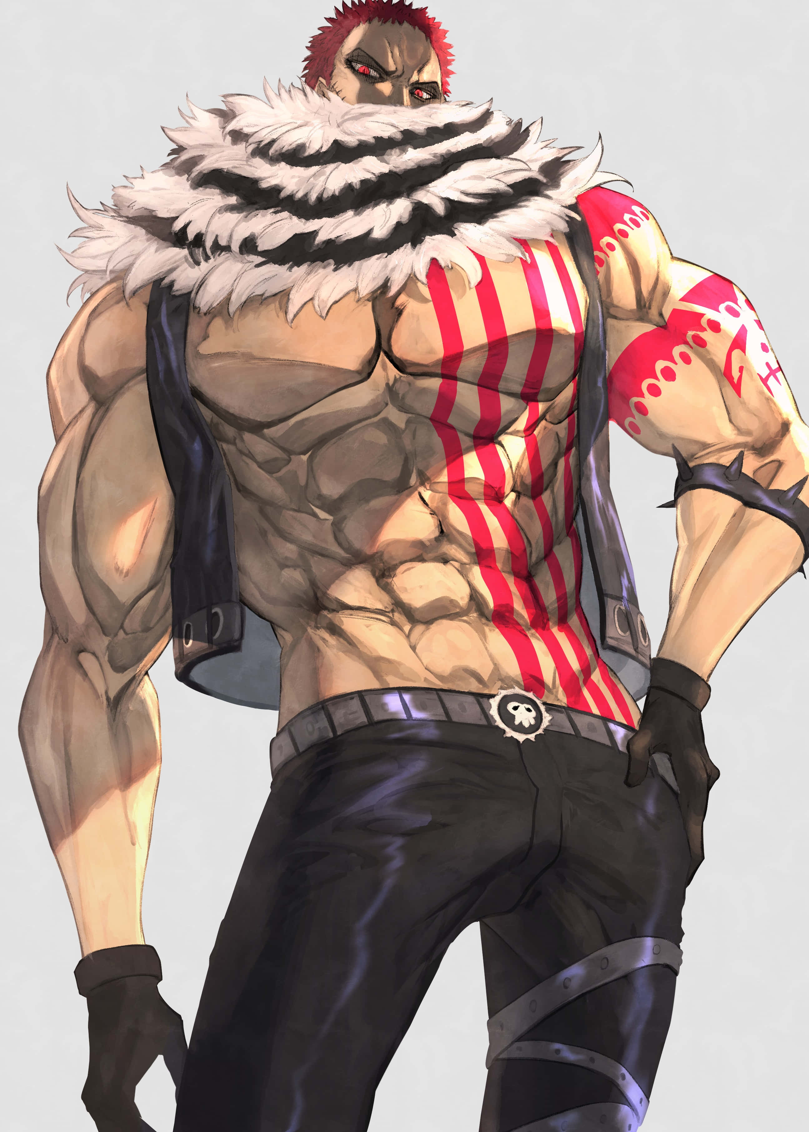 Charlotte Katakuri 桌布 壁紙 — 一個肌肉發達的動漫角色，紅髮，黑白毛領，自信地穿著紅色條紋上衣和黑色褲子。