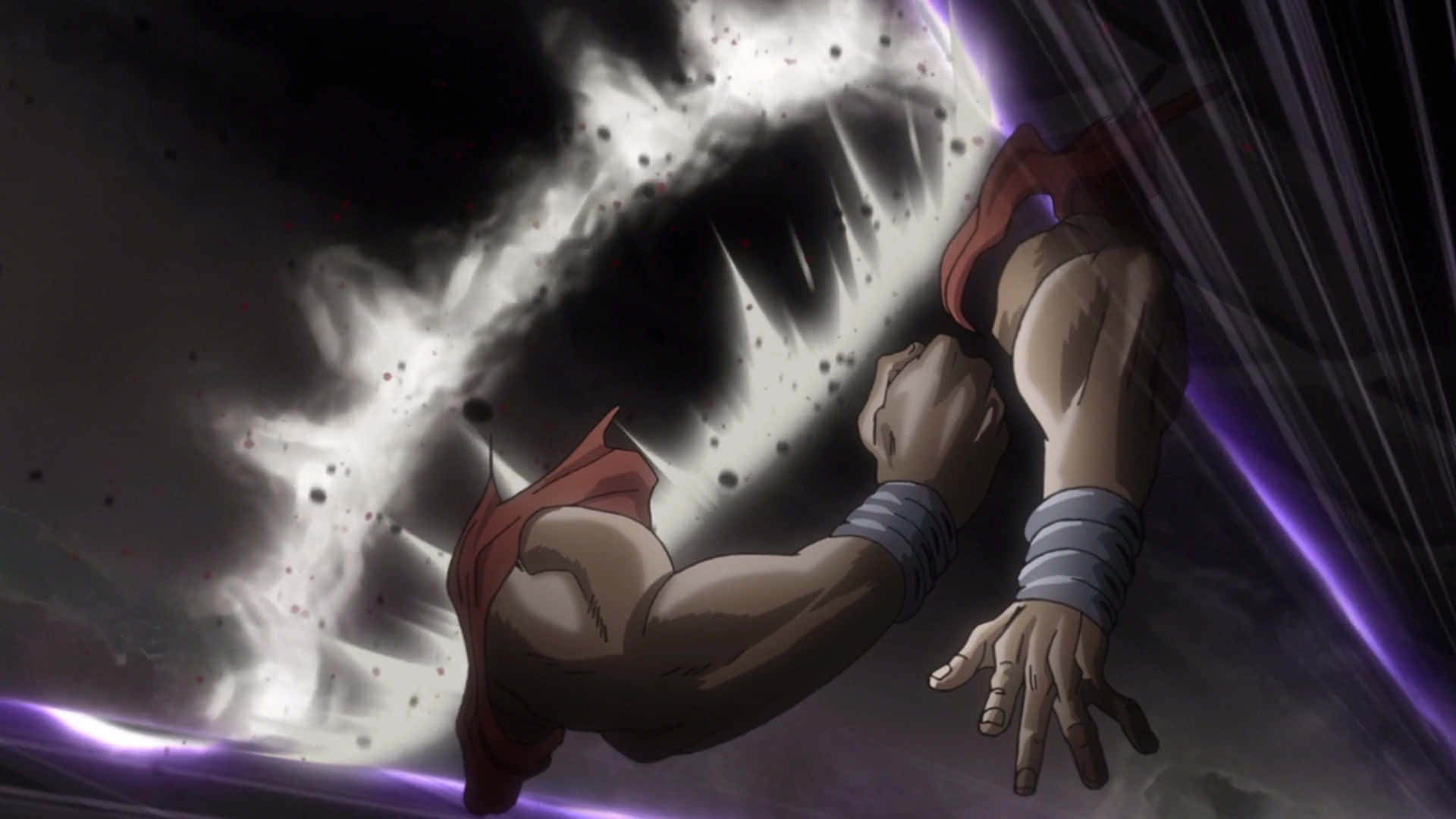 Stardust Crusaders 桌布 壁紙 — 一個肌肉發達的動漫角色，身穿紅布和灰色腕帶，正穿過一個帶有紫色閃電的旋轉黑暗能量漩渦向上伸手。