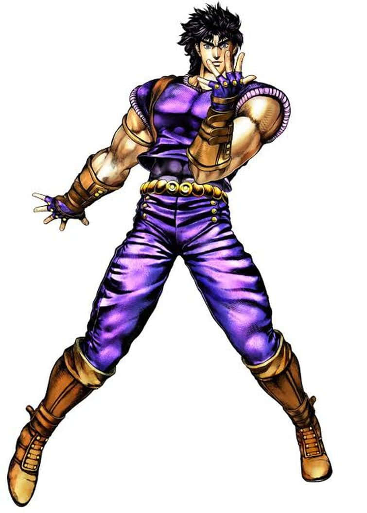 Jojo Pose 桌布 壁紙 — 一個肌肉發達的動漫角色，身穿紫色服裝和棕色裝備，在白色背景前擺出動感姿勢。