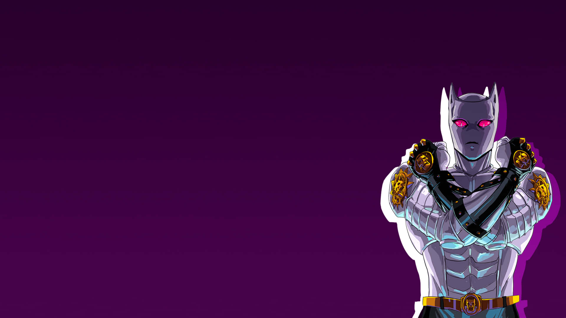 Jojo Stands 桌布 壁紙 — 一個肌肉發達的動漫角色，身穿銀色盔甲，眼睛發出紅光，自信地站在深紫色漸變背景前。