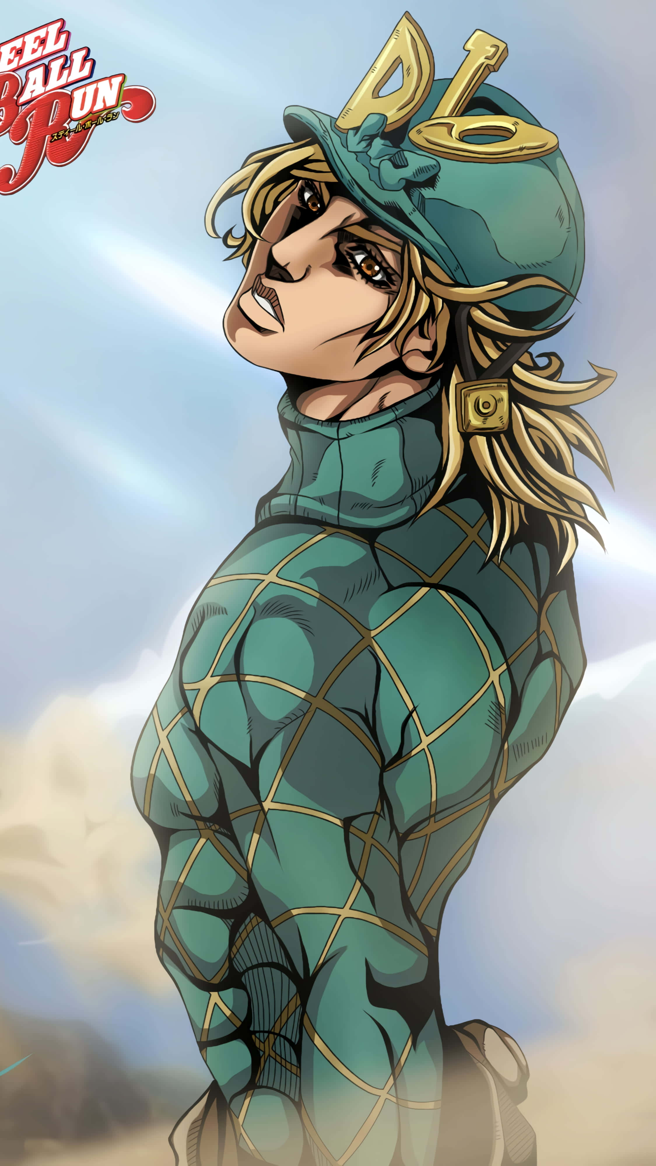 Jojo Steel Ball Run 桌布 壁紙 — 一個肌肉發達的動漫角色，金髮，穿著綠色菱形圖案服裝，自信地站在多雲的天空下。