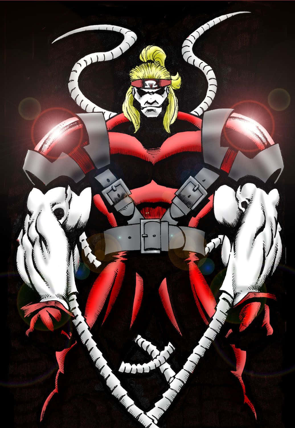 Omega Red 桌布 壁紙 — 一個肌肉發達的動漫角色，金髮，身穿紅色盔甲，在黑暗背景中揮舞著發光的白色觸手。