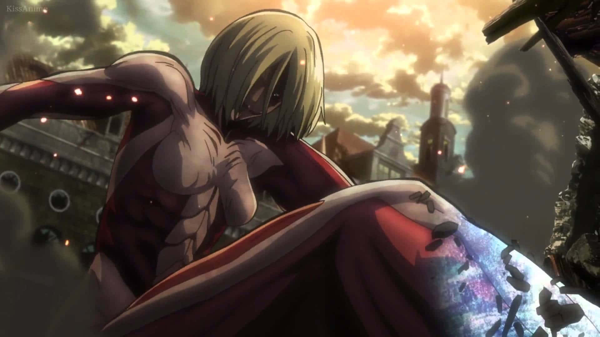 Female Titan 桌布 壁紙 — 一個肌肉發達的動漫角色，金髮紅披風，站在廢墟城市景觀中，背景是火紅的夕陽天空。