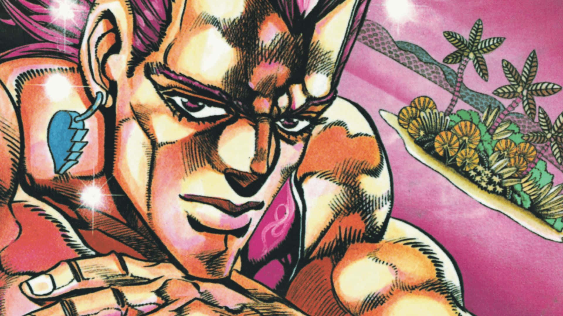 Jean Pierre Polnareff 桌布 壁紙 — 一個肌肉發達的動漫角色，面容銳利，帶有心形紋身，在充滿熱帶植物的鮮豔粉紅色背景下凝視著。