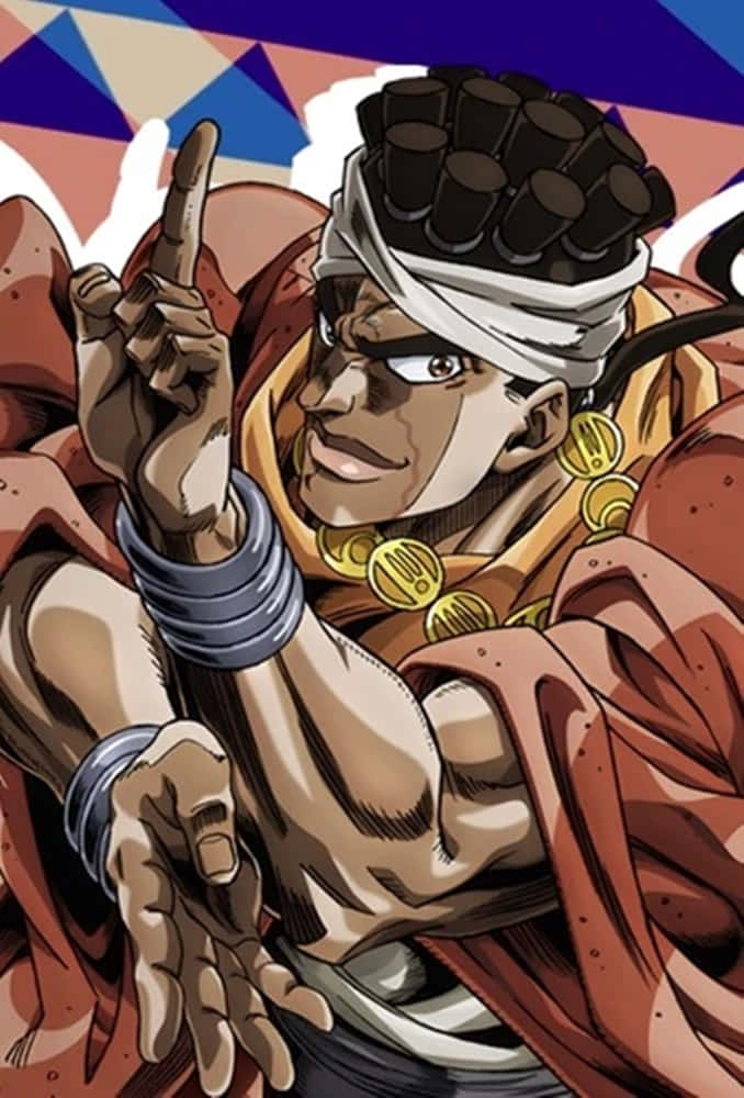 Muhammad Avdol 桌布 壁紙 — 一個肌肉發達的動漫角色，頭部纏著繃帶，脖子上掛著金幣，自信地微笑著向上指。