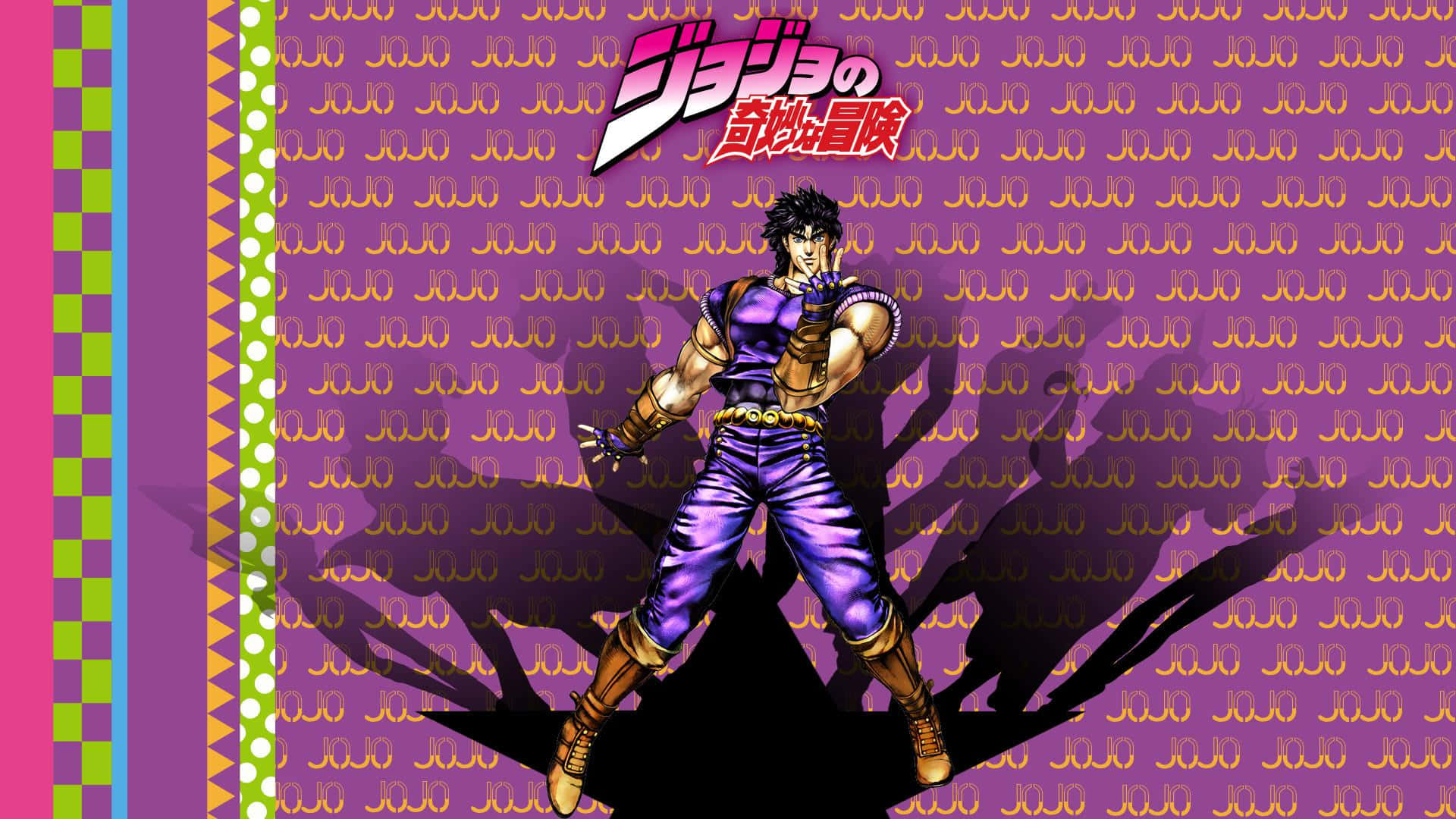 joseph joestar 桌布 壁紙 — 一個肌肉發達的動漫角色穿著紫色服裝，自信地站在帶有彩色邊框的重複金色文字背景前。