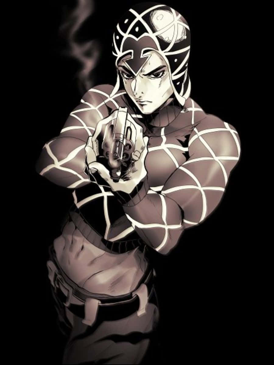 Guido Mista 桌布 壁紙 — 一個肌肉發達的動漫角色穿著網紋西裝，在黑色背景前瞄準一支冒煙的手槍。