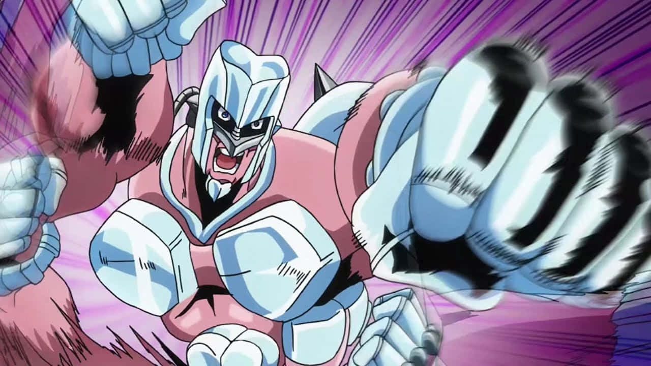 Crazy Diamond 桌布 壁紙 — 一個肌肉發達的動漫角色穿著銀色和粉紅色的裝甲服，在充滿活力的紫色背景下握緊拳頭咆哮。