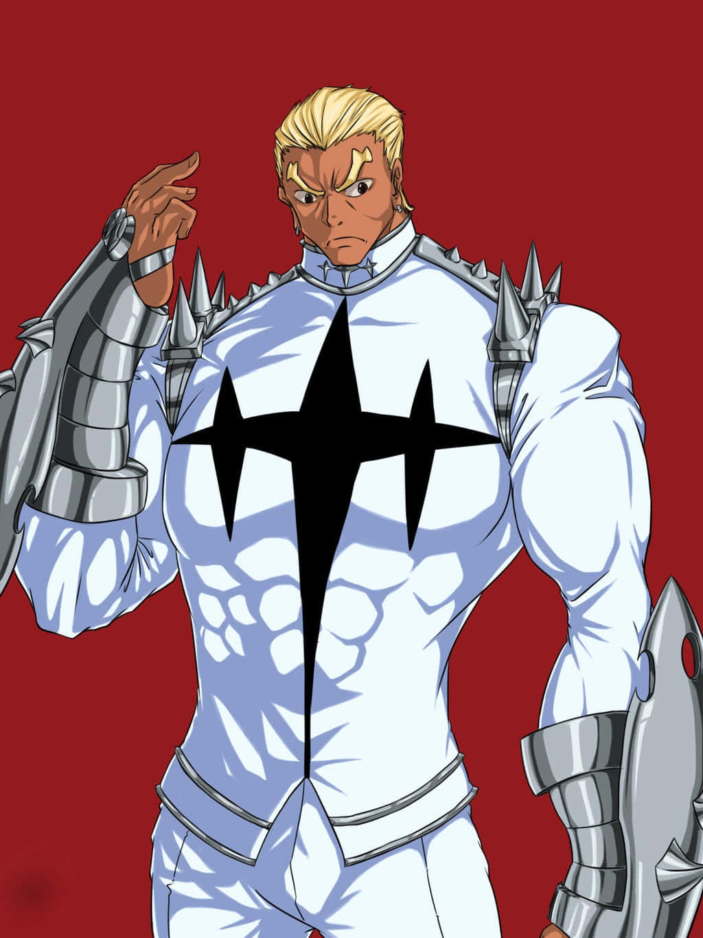 Ira Gamagoori 桌布 壁紙 — 一個肌肉發達的動漫騎士，身穿帶有黑色星星徽章的白色盔甲，挑釁地站在純紅色背景前。