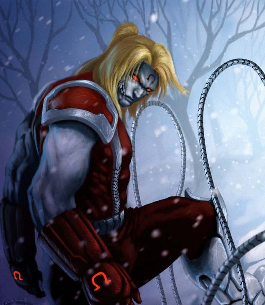 Omega Red 桌布 壁紙 — 一個肌肉發達的外星戰士，擁有發光的橙色眼睛和金色頭髮，站在雪地森林中，手持纏繞的鎖鏈。