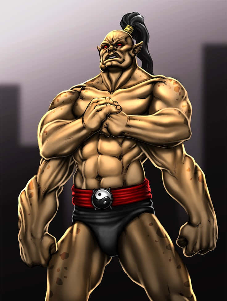 Mortal Kombat Goro 桌布 壁紙 — 一個肌肉發達的奇幻戰士，紅眼睛，紮馬尾，以強而有力的姿勢站立，腰間繫著一條帶有陰陽圖案的紅色腰帶。