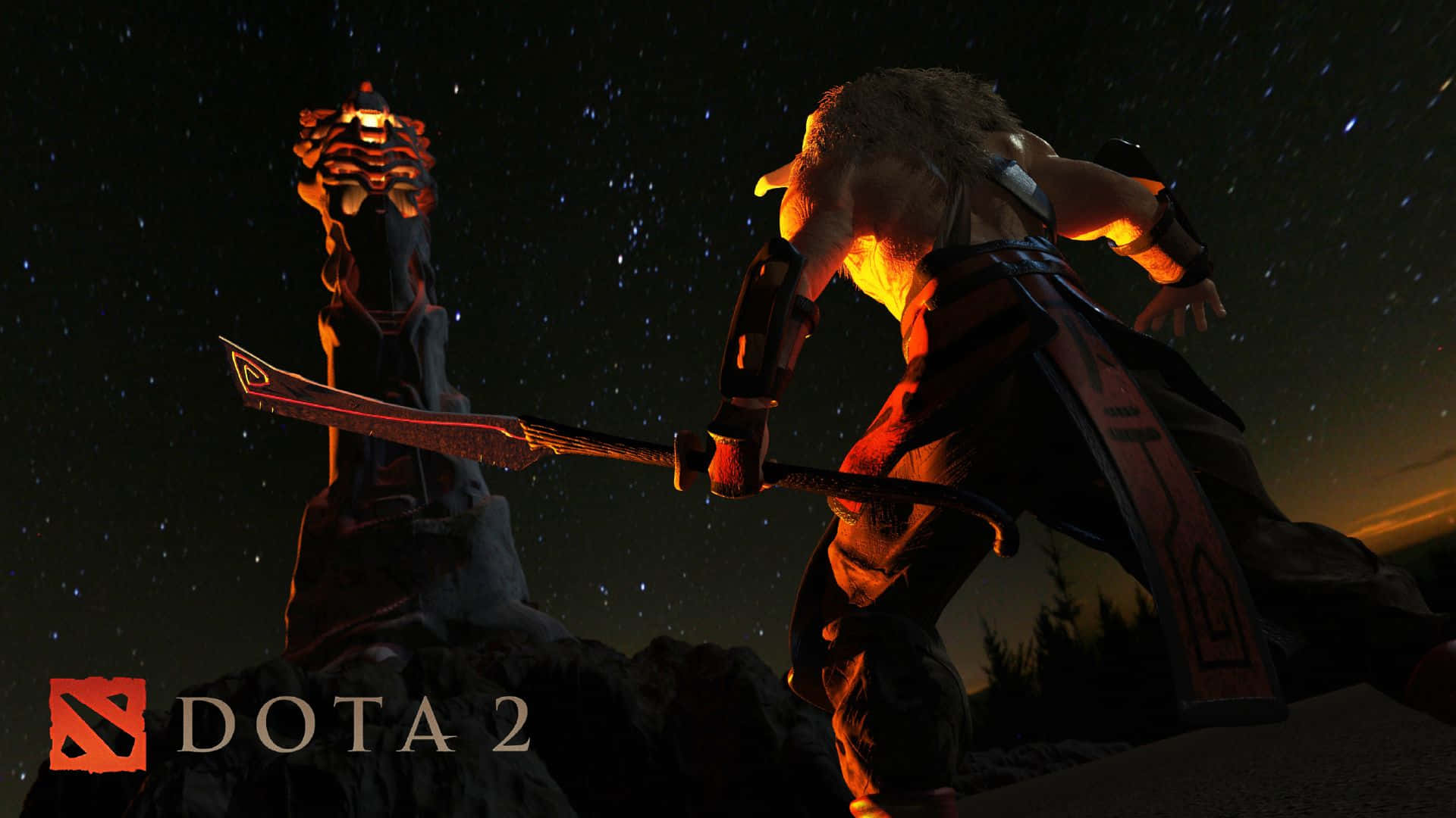 Dota 桌布 壁紙 — 一個肌肉發達的奇幻戰士，身穿發光的橙色盔甲，手持彎曲的刀刃，在星光燦爛的夜空下，站在一個發光的石頭紀念碑旁。