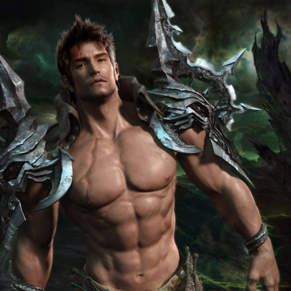 Muscle Man Video Game Character 壁紙 — 一個肌肉發達的奇幻戰士，身穿精緻盔甲，自信地站在黑暗神秘森林的背景前。