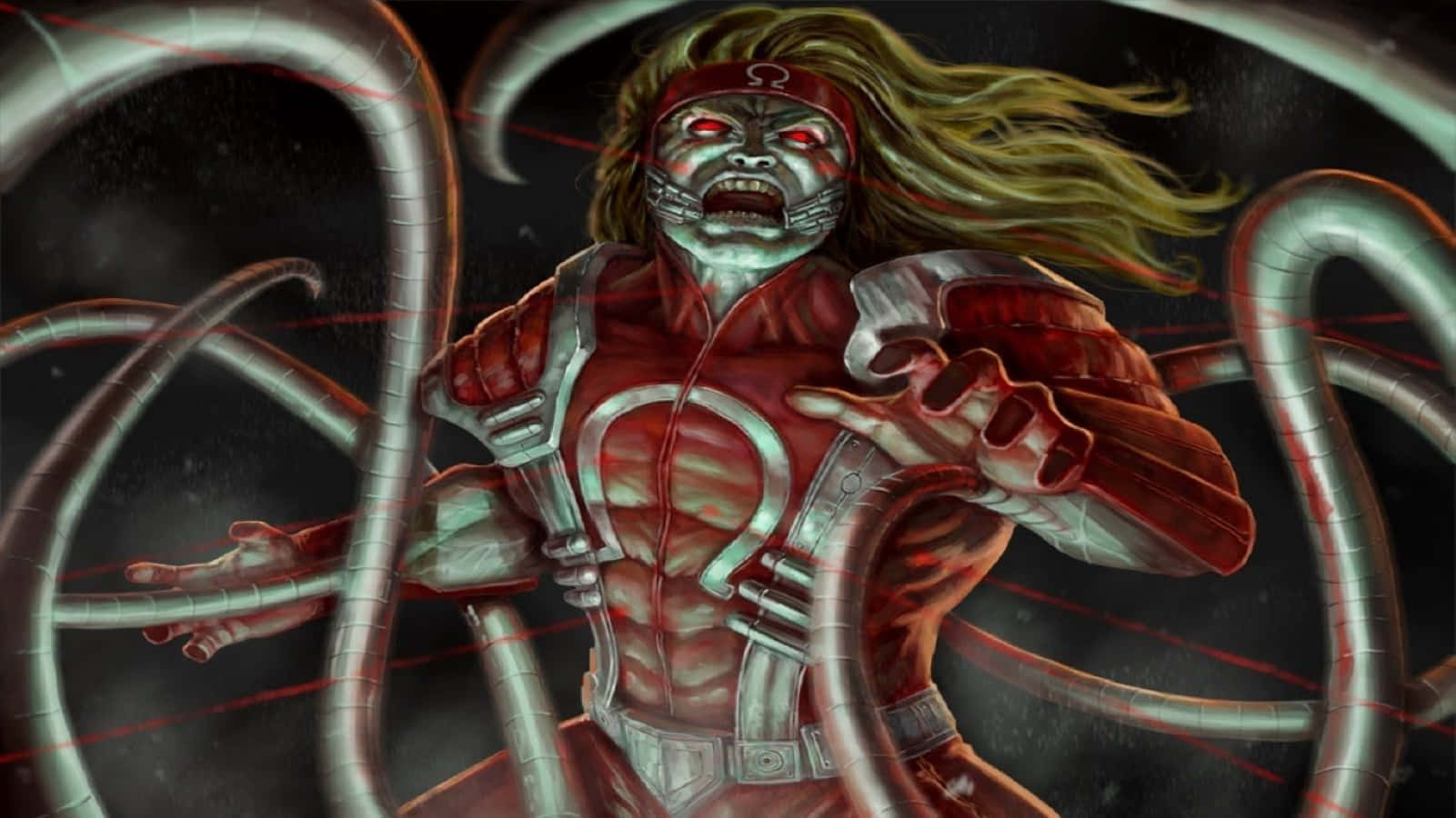 Omega Red 桌布 壁紙 — 一個肌肉發達的奧米加變種人，擁有發光的紅色眼睛和飄逸的金色頭髮，在黑暗的宇宙背景下，於旋轉的金屬觸手之間咆哮。