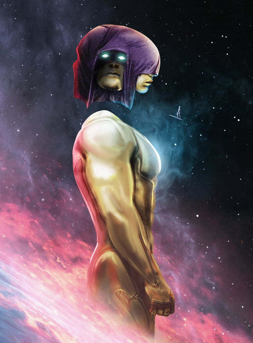 Living Tribunal 桌布 壁紙 — 一個肌肉發達的宇宙人物，擁有發光的眼睛和紫色兜帽，站在充滿星雲的 vibrant 星空前。