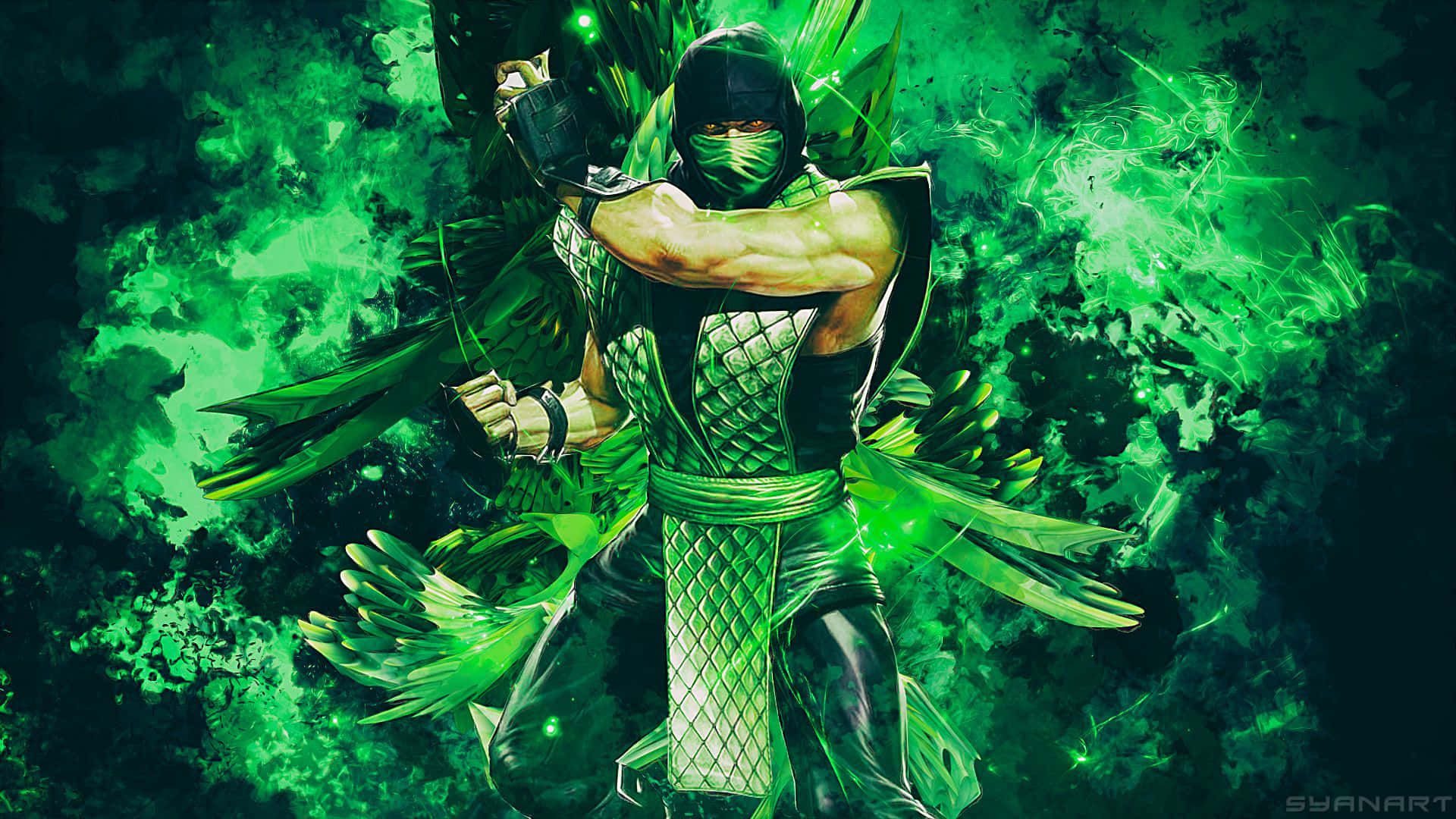 Mortal Kombat Reptile 桌布 壁紙 — 一個肌肉發達的忍者身穿綠色盔甲，在黑暗背景中蓄勢待發，周圍環繞著發光的綠色能量。