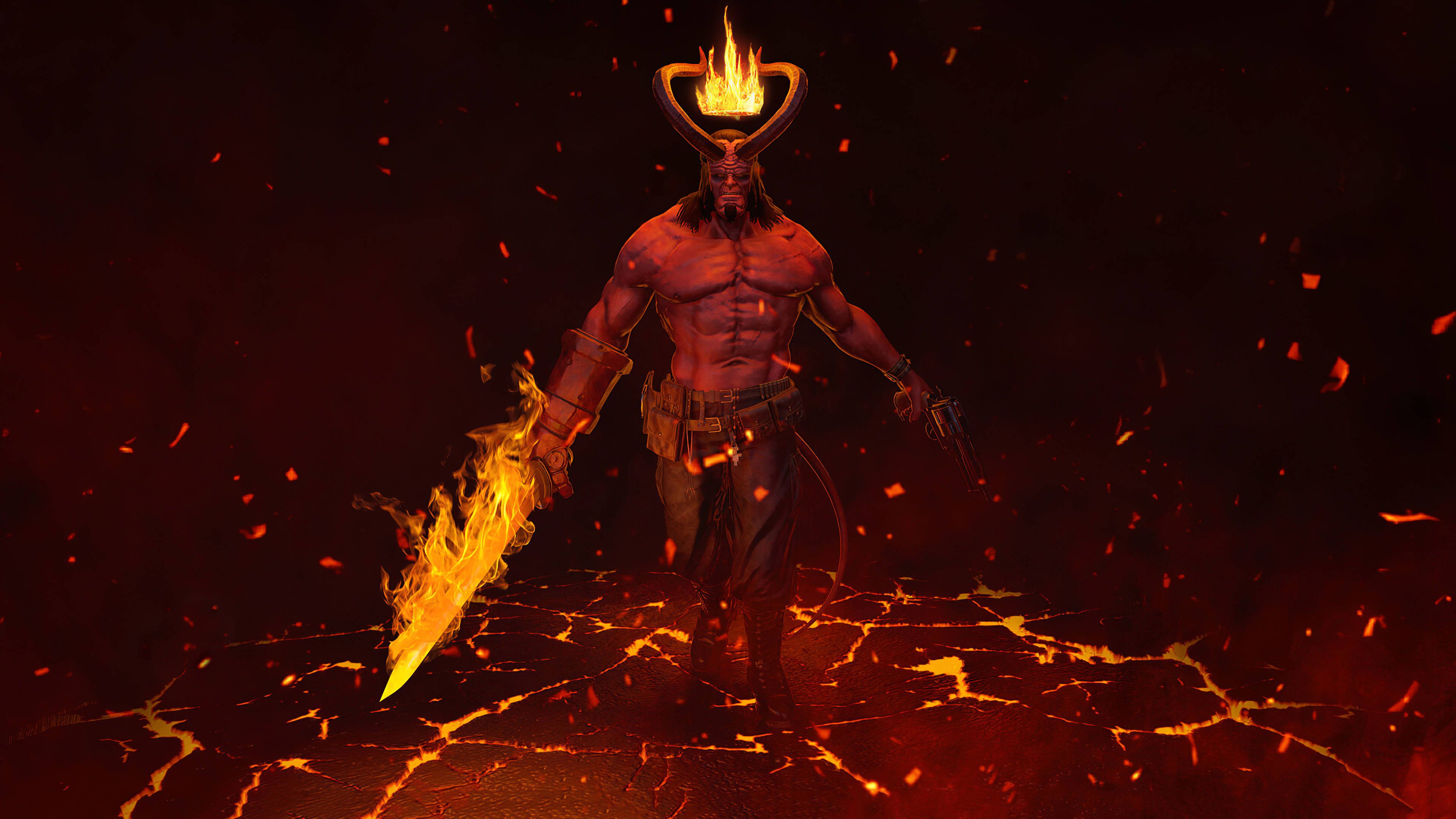 4K Devil With Flaming Sword 壁紙 — 一個肌肉發達的惡魔，長著火焰角，手持燃燒的劍，站在裂開的熔岩地面上，呈現出火熱的地獄場景。