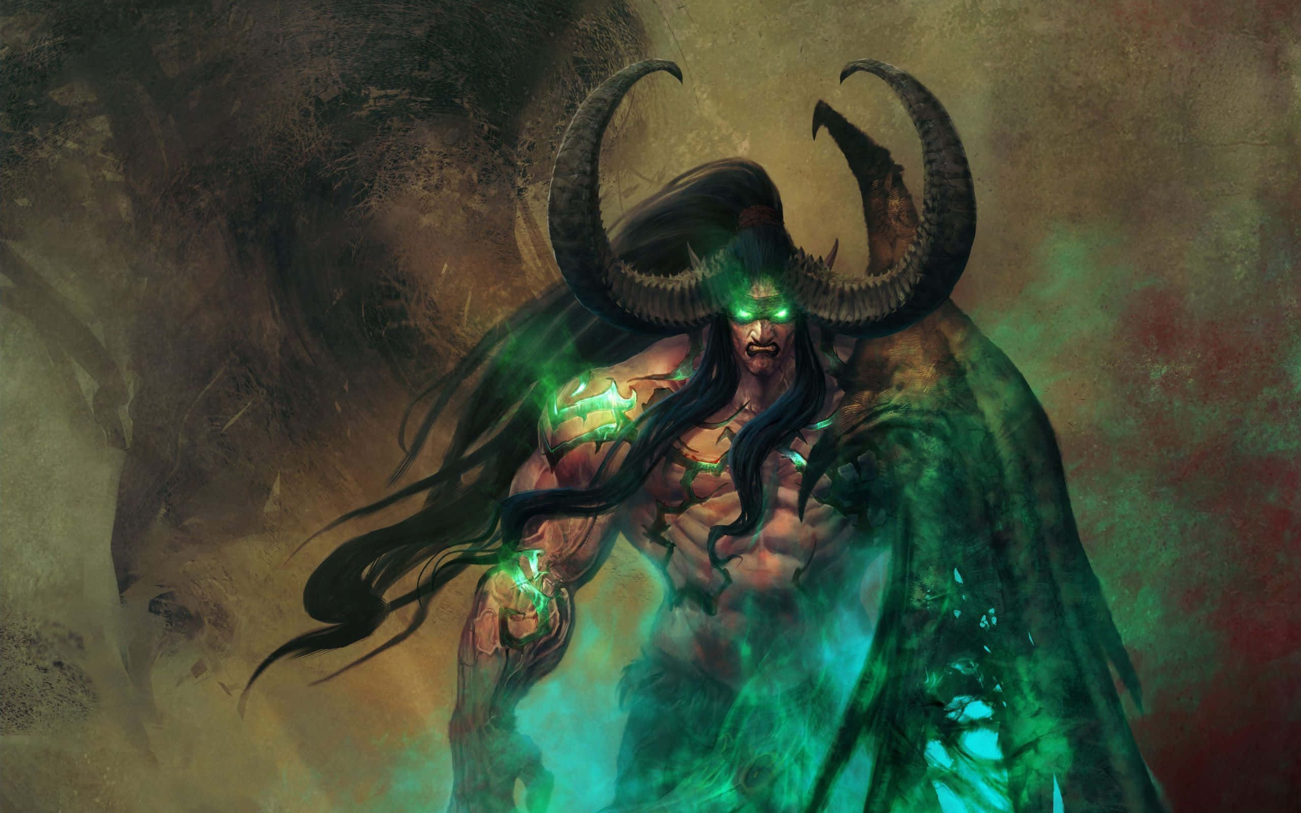 Demon Hunting 桌布 壁紙 — 一個肌肉發達的惡魔形象，擁有發光的綠色眼睛和角，在黑暗的紋理背景前散發出詭異的能量。