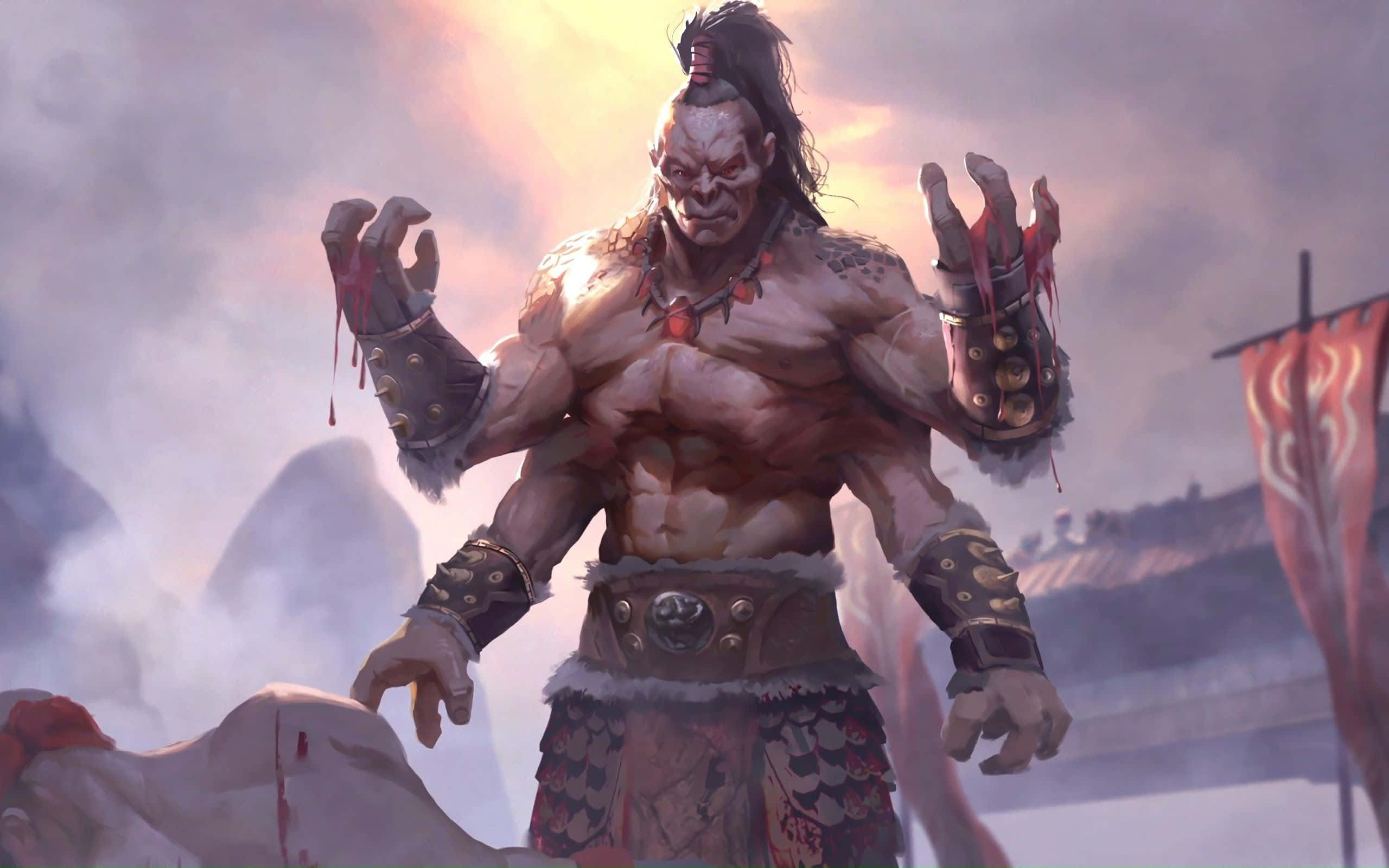Mortal Kombat Goro 桌布 壁紙 — 一個肌肉發達的惡魔戰士，帶著血淋淋的爪子和部落盔甲，在煙霧瀰漫的戰場背景下威風凜凜地站立。