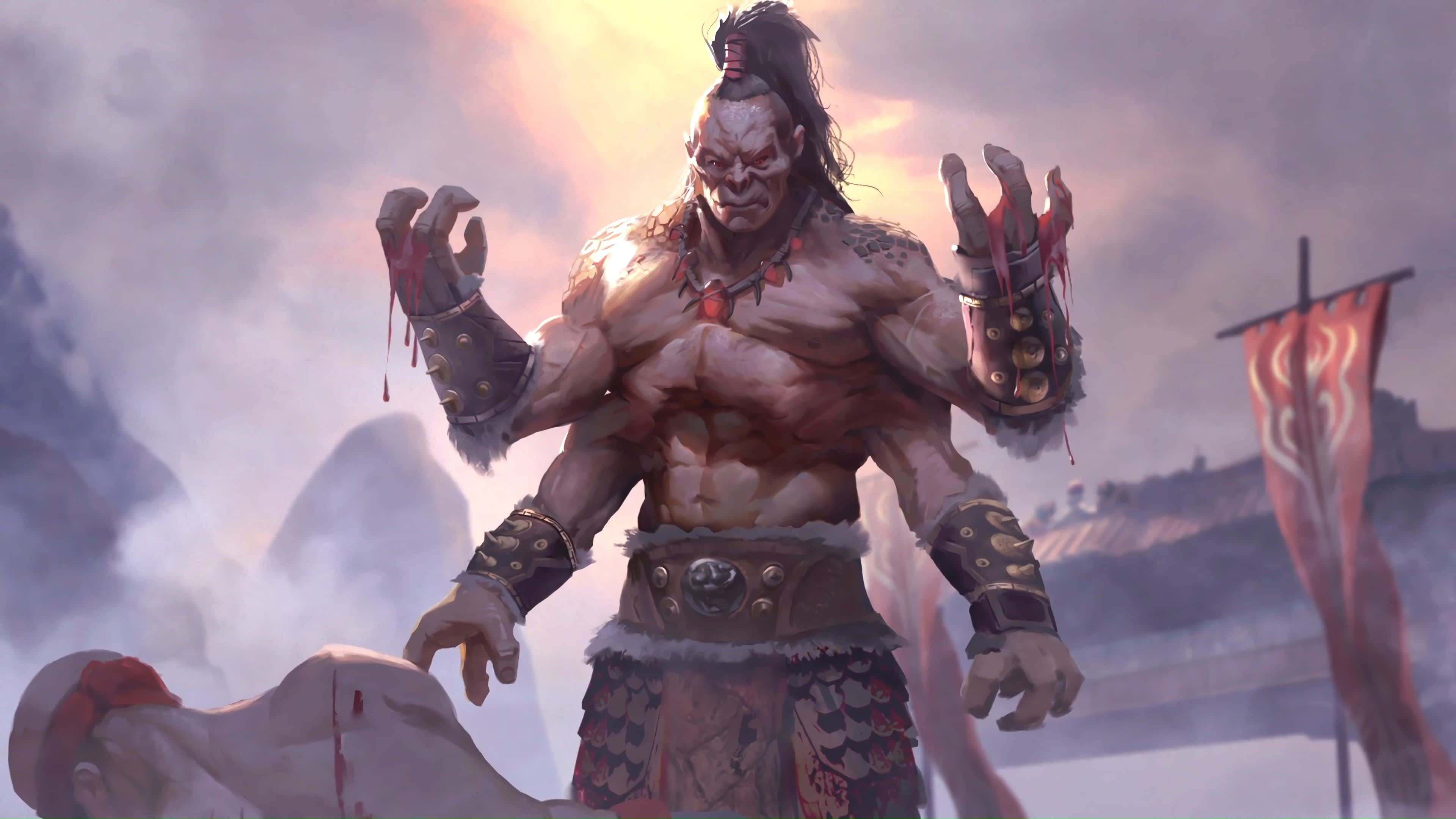 Mortal Kombat Goro 桌布 壁紙 — 一個肌肉發達的惡魔戰士，血淋淋的爪子站在迷霧戰場上，倒下的敵人之上，天空如火。