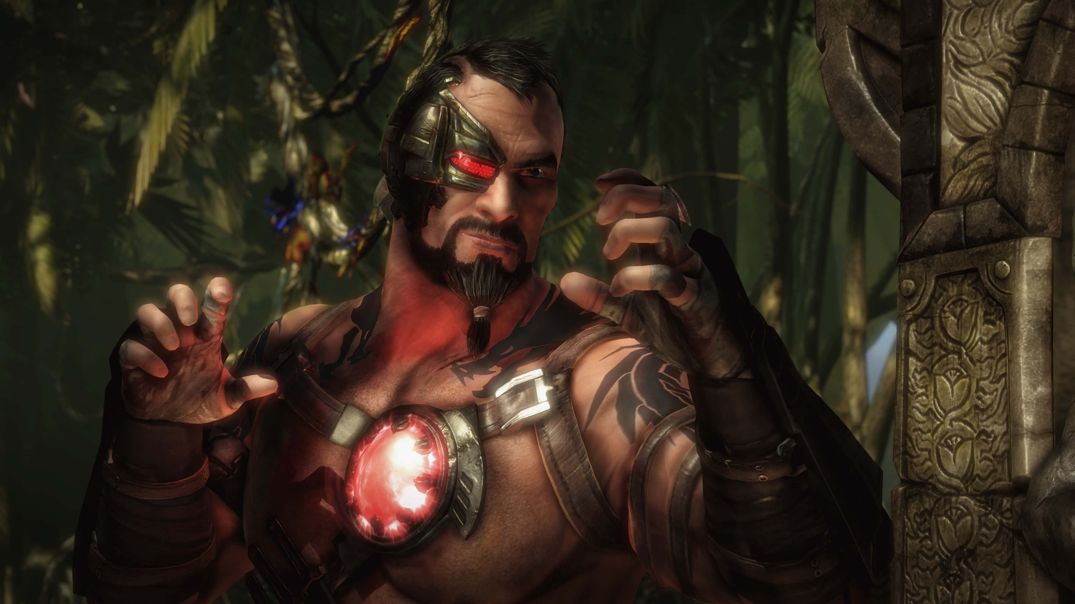 Mortal Kombat Kano 桌布 壁紙 — 一個肌肉發達的戰士，帶有發光的紅色胸甲和電子眼，在叢林神廟中威風凜凜地站立。