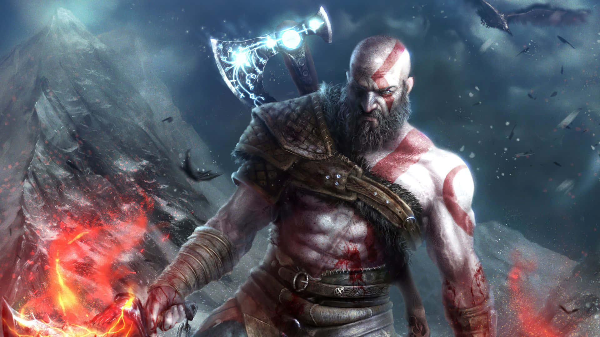 God Of War 桌布 壁紙 — 一個肌肉發達的戰士，帶有紅色紋身和發光的斧頭，站在火熱的混亂中，背景是暴風雨的山脈。