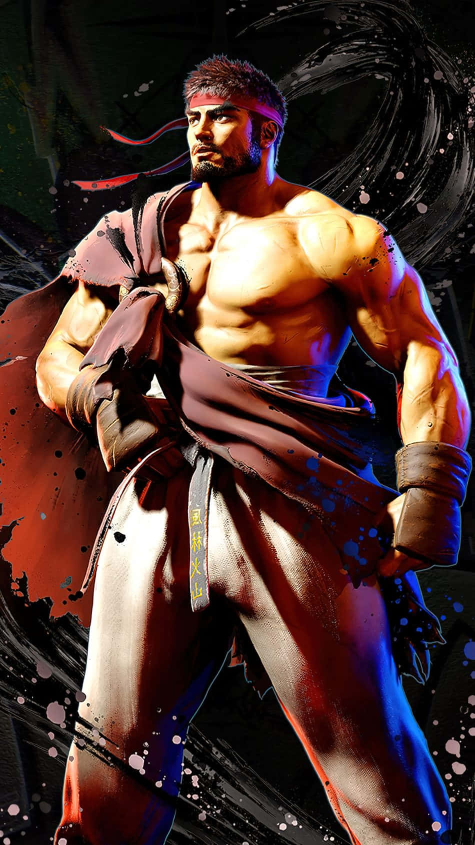 Street Fighter Characters 桌布 壁紙 — 一個肌肉發達的戰士，戴著紅色頭帶，穿著破爛的柔道服，在帶有潑漆效果的深色抽象背景前動態地站立。