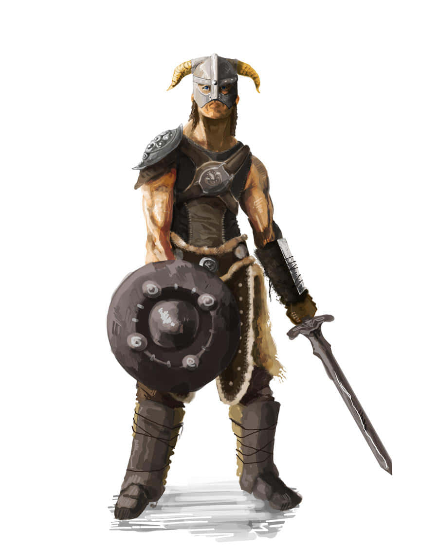 dovahkiin 桌布 壁紙 — 一個肌肉發達的戰士，戴著角盔和皮甲，手持劍和圓盾，站在純白背景前。
