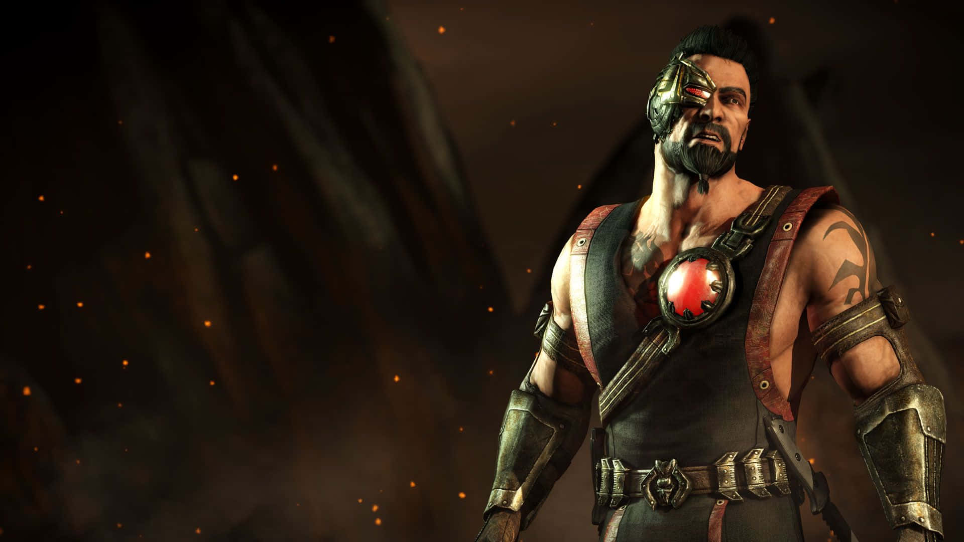 Mortal Kombat Kano 桌布 壁紙 — 一個肌肉發達的戰士，擁有機械眼和紅色發光的胸部標誌，站在一個黑暗煙霧彌漫、漂浮著餘燼的環境中。