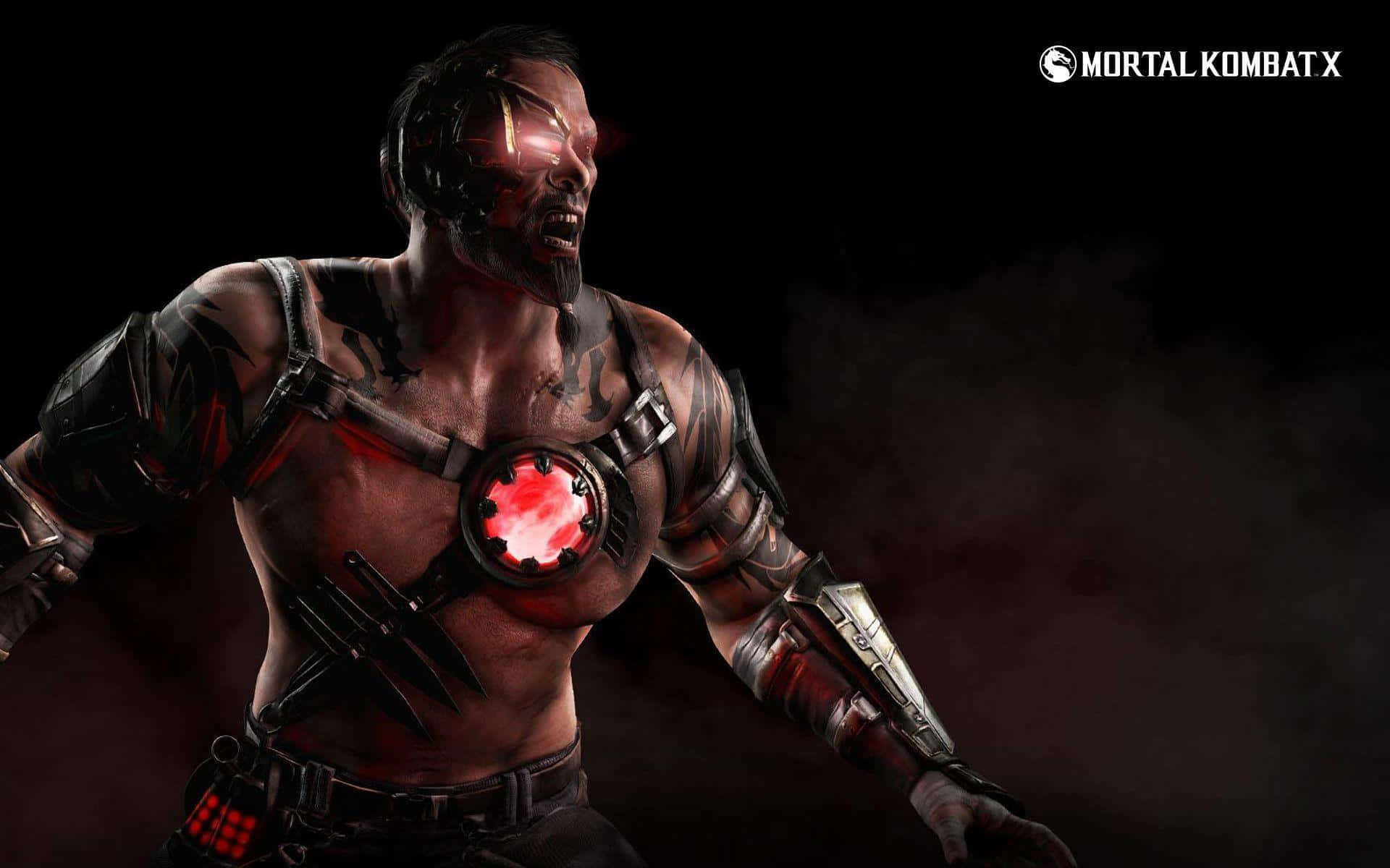 Mortal Kombat Characters 桌布 壁紙 — 一個肌肉發達的戰士，擁有發光的紅色眼睛和胸部標誌，站在黑色背景的黑暗煙霧中。