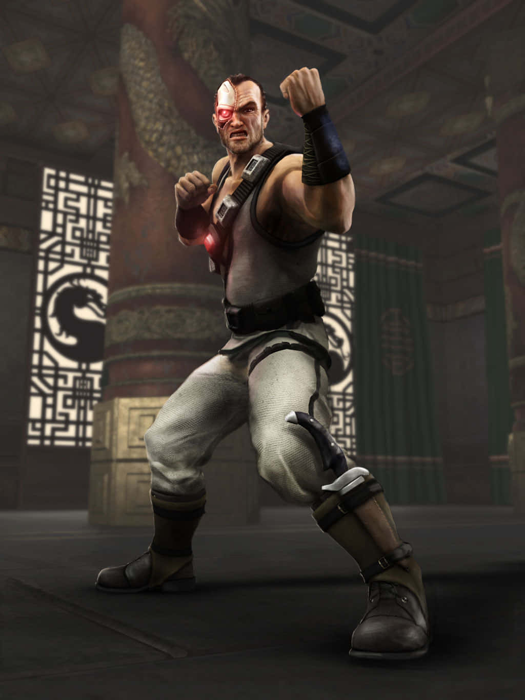 Mortal Kombat Kano 桌布 壁紙 — 一個肌肉發達的戰士，擁有發光的紅色眼睛和賽博增強，在華麗的寺廟內以戰鬥姿勢站立。