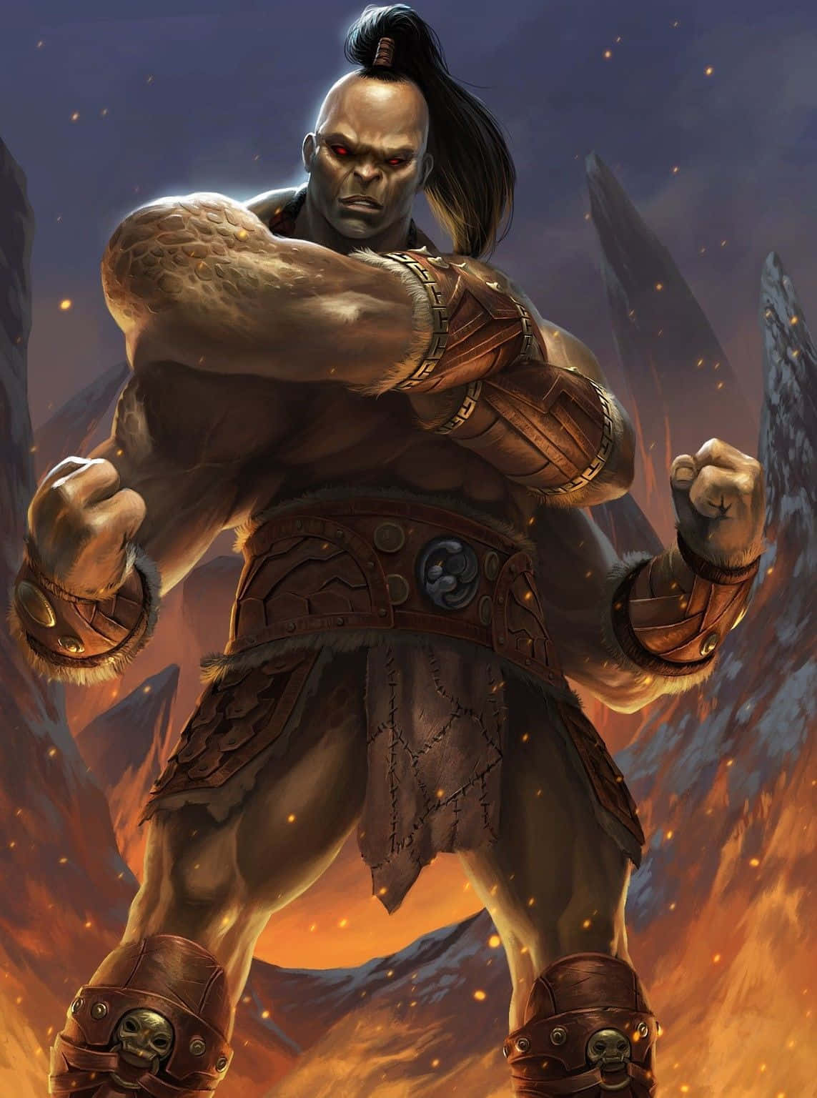 Mortal Kombat Goro 桌布 壁紙 — 一個肌肉發達的戰士，擁有發光的紅色眼睛和部落盔甲，在熾熱的山脈背景下挑釁地站立。