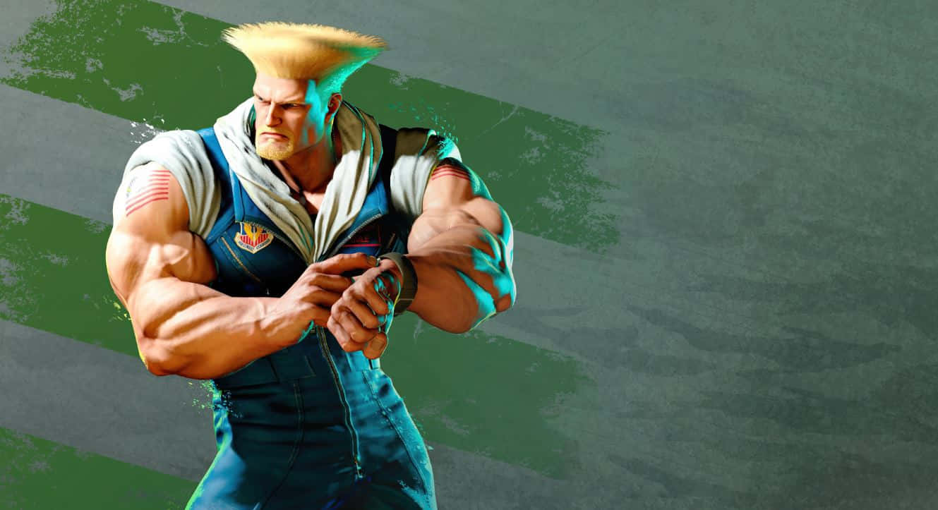 Tekken Characters 桌布 壁紙 — 一個肌肉發達的戰士，有著尖刺金髮和美國國旗臂章，在綠色紋理背景前擺出戰鬥姿勢。
