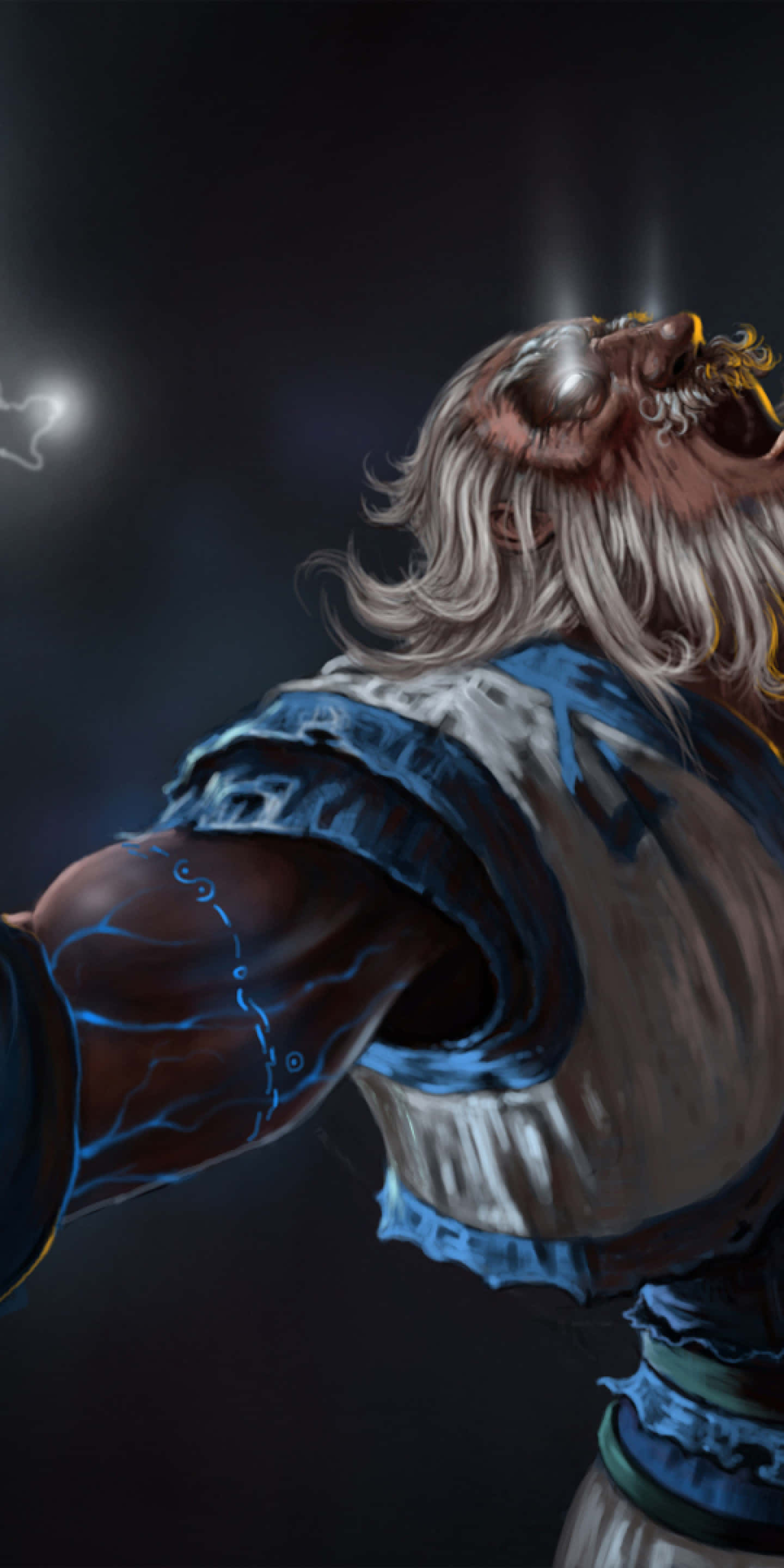 Dota 2 Zeus 桌布 壁紙 — 一個肌肉發達的戰士，長長的白髮和手臂上發光的藍色能量血管，對著黑暗的暴風雨天空咆哮。